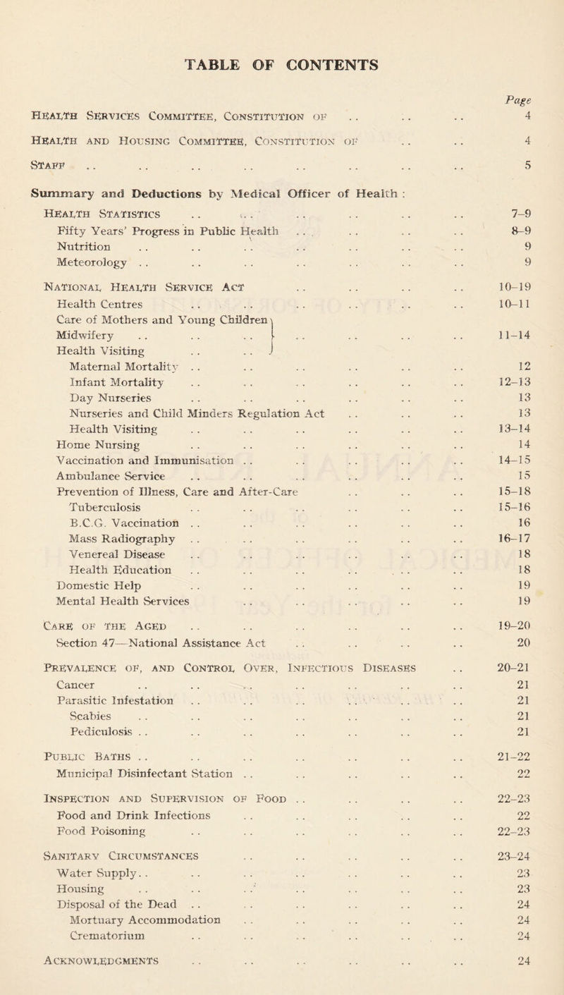 TABLE OF CONTENTS Page Heai/th Services Committee, Constitution of .. .. 4 HeaeTh and Housing Committee, Constitution of .. .. 4 Staff .. .. .. .. .. .. .. .. 5 Summary and Deductions by Medical Officer of Health : Heaeth Statistics .. >.. .. .. .. .. 7-9 Fifty Years’ Progress in Public Health . . , . . . . . . 8-9 Nutrition . . . . . . . . . . . . . . 9 Meteorology . . . . . . . . . . . . . . 9 Nation at Heai/tm Service Act .. .. .. .. 10-19 Health Centres . . .. .. .. . . .. 10-11 Care of Mothers and Young Children Midwifery . . . . . . - . . . . . . . . 11-14 Health Visiting . . Maternal Mortality . . . . . . . . . . . . 12 Infant Mortality . . . . . . . . . . . . 12-13 Day Nurseries . . . . . . . . . . . . 13 Nurseries and Child Minders Regulation Act . . . . . . 13 Health Visiting .. . . .. .. . . .. 13-14 Home Nursing . . . . . . . . . . . . 14 Vaccination and Immunisation . . . . . . . . . . 14-15 Ambulance Service . . . . . . . . . . . . 15 Prevention of Illness, Care and After-Care . . . . . . 15-18 Tuberculosis .. .. .. .. . . .. 15-16 B.C.G. Vaccination . . . . . . . . . . . . 16 Mass Radiography . . ... .. .. .. .. 16-17 Venereal Disease . . . . . . . . . . . . 18 Health Education . . . . . . . . ... . . 18 Domestic Help . . . . . . . . . . . . 19 Mental Health Services . . . . . . . . . . 19 Care of The Aged . . . . . . . . . . . . 19-20 Section 47—National Assistance Act . . . . . . . . 20 Prevauence of, and Controe Over, Infectious Diseases .. 20-21 Cancer . . . . . . . . . . . . . . 21 Parasitic Infestation . . . . . . . . . . 21 Scabies . . . . . . . . . . . . . . 21 Pediculosis . . . . . . . . . . . . . . 21 Pubeic Baths .. .. .. .. .. .. .. 21-22 Municipal Disinfectant Station . . . . . . . . . . 22 Inspection and Supervision of Pood . . .. .. .. 22-23 Food and Drink Infections . . . . . . . . . . 22 Food Poisoning . . . . . . . . . . . . 22-23 Sanitary Circumstances .. .. .. .. .. 23-24 Water Supply. . . . . . . . . . . . . . 23 Housing . . . . . .’ . . . . . . . . 23 Disposal of the Dead . . . . . . . . . . . . 24 Mortuary Accommodation . . . . . . . . . . 24 Crematorium . . . . . . ' . . . . . . 24 Acknowledgments 24