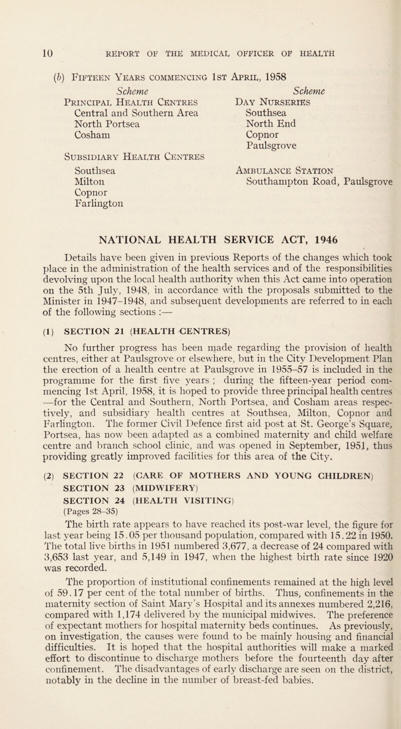 (b) Fifteen Years commencing 1st Scheme Principar Hearth Centres Central and Southern Area North Portsea Cosham Subsidiary Hearth Centres Southsea Milton Copnor Farlington Aprir, 1958 Scheme Day Nurseries Southsea North End Copnor Paulsgrove Amburance Station Southampton Road, Paulsgrove NATIONAL HEALTH SERVICE ACT, 1946 / Details have been given in previous Reports of the changes which took place in the administration of the health services and of the responsibilities devolving upon the local health authority when this Act came into operation on the 5th July, 1948, in accordance with the proposals submitted to the Minister in 1947-1948, and subsequent developments are referred to in each of the following sections :— (1) SECTION 21 (HEALTH CENTRES) No further progress has been made regarding the provision of health centres, either at Paulsgrove or elsewhere, but in the City Development Plan the erection of a health centre at Paulsgrove in 1955-57 is included in the programme for the first five years ; during the fifteen-year period com¬ mencing 1st April, 1958, it is hoped to provide three principal health centres —for the Central and Southern, North Portsea, and Cosham areas respec¬ tively, and subsidiary health centres at Southsea, Milton, Copnor and Farlington. The former Civil Defence first aid post at St. George’s Square, Portsea, has now been adapted as a combined maternity and child welfare centre and branch school clinic, and was opened in September, 1951, thus providing greatly improved facilities for this area of the City. (2) SECTION 22 (CARE OF MOTHERS AND YOUNG CHILDREN) SECTION 23 (MIDWIFERY) SECTION 24 (HEALTH VISITING) (Pages 28-35) The birth rate appears to have reached its post-war level, the figure for last year being 15.05 per thousand population, compared with 15.22 in 1950. The total live births in 1951 numbered 3,677, a decrease of 24 compared with 3,653 last year, and 5,149 in 1947, when the highest birth rate since 1920 was recorded. The proportion of institutional confinements remained at the high level of 59.17 per cent of the total number of births. Thus, confinements in the maternity section of Saint Mary’s Hospital and its annexes numbered 2,216, compared with 1,174 delivered by the municipal midwives. The preference of expectant mothers for hospital maternity beds continues. As previously, on investigation, the causes were found to be mainly housing and financial difficulties. It is hoped that the hospital authorities will make a marked effort to discontinue to discharge mothers before the fourteenth day after confinement. The disadvantages of early discharge are seen on the district, notably in the decline in the number of breast-fed babies.