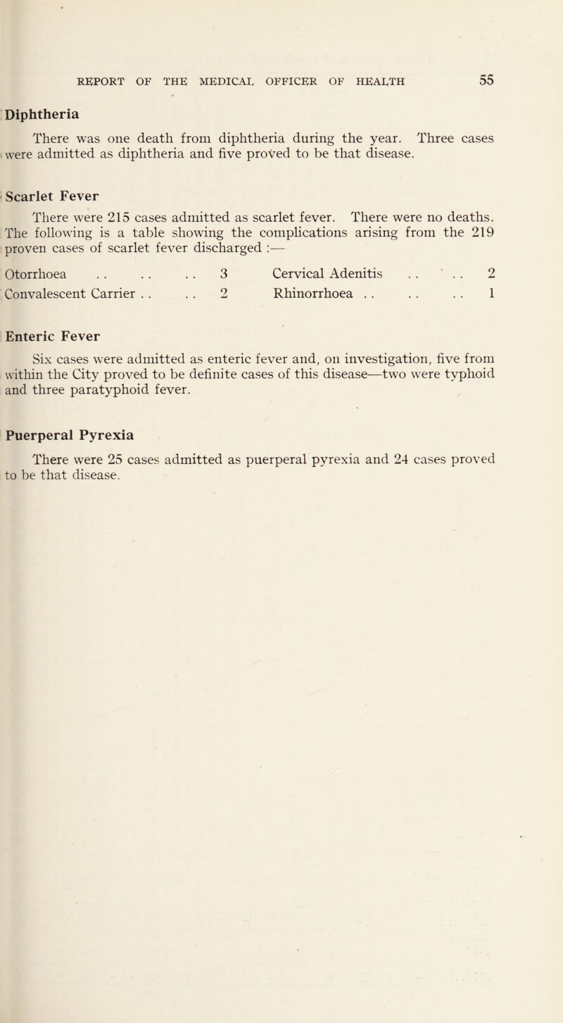 Diphtheria There was one death from diphtheria during the year. Three cases were admitted as diphtheria and five proved to be that disease. Scarlet Fever There were 215 cases admitted as scarlet fever. There were no deaths. The following is a table showing the complications arising from the 219 proven cases of scarlet fever discharged :— Otorrhoea . . . . . . 3 Cervical Adenitis . . ' . . 2 Convalescent Carrier . . . . 2 Rhinorrhoea . . . . . . 1 Enteric Fever Six cases were admitted as enteric fever and, on investigation, five from within the City proved to be definite cases of this disease—two were typhoid and three paratyphoid fever. Puerperal Pyrexia There were 25 cases admitted as puerperal pyrexia and 24 cases proved to be that disease.