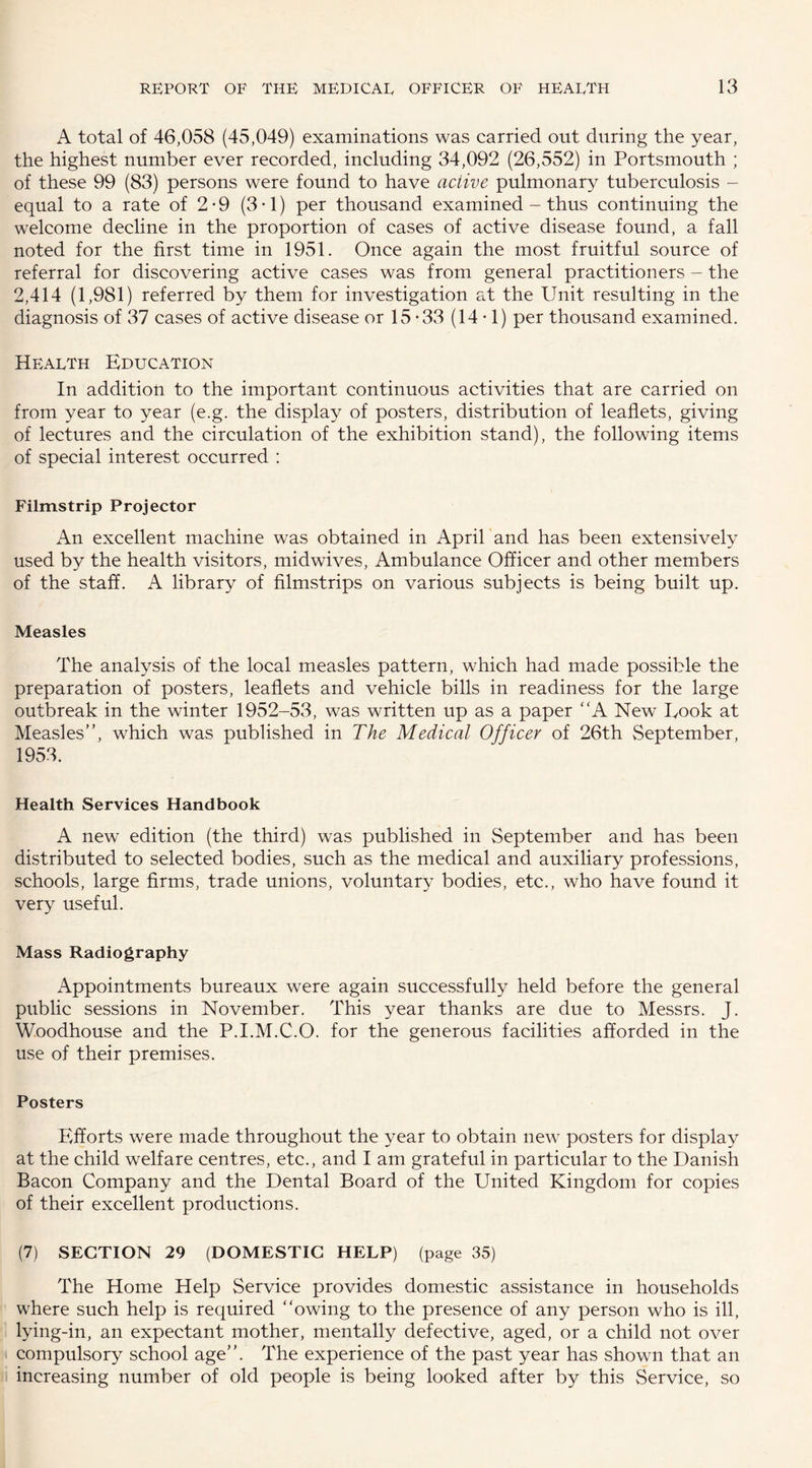 A total of 46,058 (45,049) examinations was carried out during the year, the highest number ever recorded, including 34,092 (26,552) in Portsmouth ; of these 99 (83) persons were found to have active pulmonary tuberculosis - equal to a rate of 2-9 (3*1) per thousand examined - thus continuing the welcome decline in the proportion of cases of active disease found, a fall noted for the first time in 1951. Once again the most fruitful source of referral for discovering active cases was from general practitioners - the 2,414 (1,981) referred by them for investigation at the Unit resulting in the diagnosis of 37 cases of active disease or 15-33 (14-1) per thousand examined. Health Education In addition to the important continuous activities that are carried on from year to year (e.g. the display of posters, distribution of leaflets, giving of lectures and the circulation of the exhibition stand), the following items of special interest occurred : Filmstrip Projector An excellent machine was obtained in April and has been extensively used by the health visitors, midwives, Ambulance Officer and other members of the staff. A library of filmstrips on various subjects is being built up. Measles The analysis of the local measles pattern, which had made possible the preparation of posters, leaflets and vehicle bills in readiness for the large outbreak in the winter 1952-53, was written up as a paper “A New Took at Measles”, which was published in The Medical Officer of 26th September, 1953. Health Services Handbook A new edition (the third) was published in September and has been distributed to selected bodies, such as the medical and auxiliary professions, schools, large firms, trade unions, voluntary bodies, etc., who have found it very useful. Mass Radiography Appointments bureaux were again successfully held before the general public sessions in November. This year thanks are due to Messrs. J. Woodhouse and the P.I.M.C.O. for the generous facilities afforded in the use of their premises. Posters Efforts were made throughout the year to obtain new posters for display at the child welfare centres, etc., and I am grateful in particular to the Danish Bacon Company and the Dental Board of the United Kingdom for copies of their excellent productions. (7) SECTION 29 (DOMESTIC HELP) (page 35) The Home Help Service provides domestic assistance in households where such help is required “owing to the presence of any person who is ill, lying-in, an expectant mother, mentally defective, aged, or a child not over compulsory school age”. The experience of the past year has shown that an increasing number of old people is being looked after by this Service, so