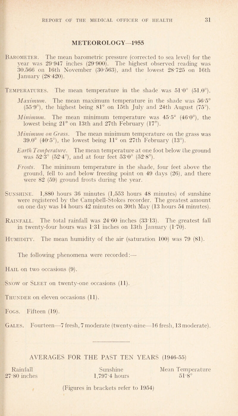 METEOROLOGY—1955 Barometer. The mean barometric pressure (corrected to sea level) for the year was 29'947 inches (29'900). The highest observed reading was 30.566 on 16th November (30*563), and the lowest 28'725 on 16th January (28*420). Temperatures. The mean temperature in the shade was 51*0° (51.0°). Maximum. The mean maximum temperature in the shade was 56*5° (55*9°), the highest being 81° on 15th July and 24th August (75°). Minimum. The mean minimum temperature was 45*5° (46*0°), the lowest being 21° on 13th and 27th February (17°). Minimum on Grass. The mean minimum temperature on the grass was 39.0° (40*5°), the lowest being 11° on 27th February (13°). Earth Temperature. The mean temperature at one foot below the ground was 52*3° (52*4°), and at four feet 53*0° (52*8°). Frosts. The minimum temperature in the shade, four feet above the ground, fell to and below freezing point on 49 days (26), and there were 82 (59) ground frosts during the year. Sunshine. 1,880 hours 36 minutes (1,553 hours 48 minutes) of sunshine were registered by the Campbell-Stokes recorder. The greatest amount on one day was 14 hours 42 minutes on 30th May (13 hours 54 minutes). Rainfall. The total rainfall was 24*60 inches (33*13). The greatest fall in twenty-four hours was 1*31 inches on 13th January (1*70). FIumidity. The mean humidity of the air (saturation 100) was 79 (81). The following phenomena were recorded:— Hail on two occasions (9). Snow or Sleet on twenty-one occasions (11). Thunder on eleven occasions (11). Fogs. Fifteen (19). Gales. Fourteen—7 fresh, 7 moderate (twenty-nine—16 fresh, 13 moderate). AVERAGES FOR THE PAST TEN YEARS (1946-55) Rainfall 27*80 inches Sunshine Mean Temperature 1,797*4 hours 51*8° (Figures in brackets refer to 1954)