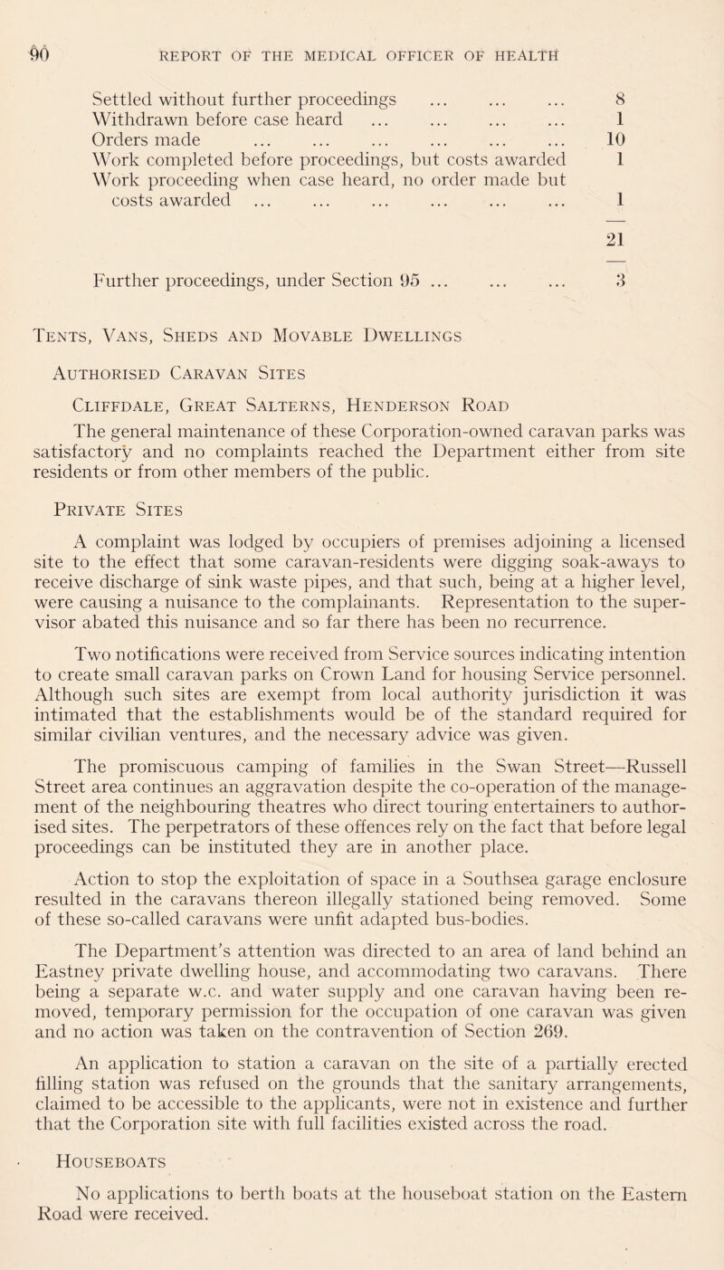 % Settled without further proceedings ... ... ... 8 Withdrawn before case heard ... ... ... ... 1 Orders made ... ... ... ... ... ... 10 Work completed before proceedings, but costs awarded 1 Work proceeding when case heard, no order made but costs awarded ... ... ... ... ... ... 1 21 Further proceedings, under Section 95 ... ... ... 3 Tents, Vans, Sheds and Movable Dwellings Authorised Caravan Sites Cliffdale, Great Salterns, Henderson Road The general maintenance of these Corporation-owned caravan parks was satisfactory and no complaints reached the Department either from site residents or from other members of the public. Private Sites A complaint was lodged by occupiers of premises adjoining a licensed site to the effect that some caravan-residents were digging soak-aways to receive discharge of sink waste pipes, and that such, being at a higher level, were causing a nuisance to the complainants. Representation to the super¬ visor abated this nuisance and so far there has been no recurrence. Two notifications were received from Service sources indicating intention to create small caravan parks on Crown Land for housing Service personnel. Although such sites are exempt from local authority jurisdiction it was intimated that the establishments would be of the standard required for similar civilian ventures, and the necessary advice was given. The promiscuous camping of families in the Swan Street—Russell Street area continues an aggravation despite the co-operation of the manage¬ ment of the neighbouring theatres who direct touring entertainers to author¬ ised sites. The perpetrators of these offences rely on the fact that before legal proceedings can be instituted they are in another place. Action to stop the exploitation of space in a Southsea garage enclosure resulted in the caravans thereon illegally stationed being removed. Some of these so-called caravans were unfit adapted bus-bodies. The Department’s attention was directed to an area of land behind an Eastney private dwelling house, and accommodating two caravans. There being a separate w.c. and water supply and one caravan having been re¬ moved, temporary permission for the occupation of one caravan was given and no action was taken on the contravention of Section 269. An application to station a caravan on the site of a partially erected filling station was refused on the grounds that the sanitary arrangements, claimed to be accessible to the applicants, were not in existence and further that the Corporation site with full facilities existed across the road. Houseboats No applications to berth boats at the houseboat station on the Eastern Road were received.