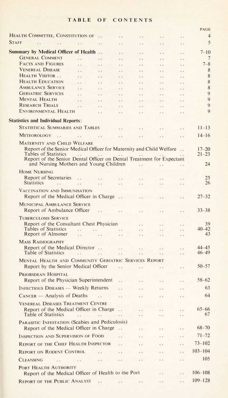 TABLE OF CONTENTS Health Committee, Constitution of .. PAGE 4 Staff 5 Summary by Medical Officer of Health 7-10 General Comment 7 Facts and Figures 7-8 Venereal Disease 8 Health Visitor 8 Health Education 8 Ambulance Service 8 Geriatric Services 9 Mental Health 9 Research Trials 9 Environmental Health 9 Statistics and Individual Reports: Statistical Summaries and Tables 11-13 Meteorology .. . . 14-16 Maternity and Child Welfare Report of the Senior Medical Officer for Maternity and Child Welfare 17-20 Tables of Statistics 21-23 Report of the Senior Dental Officer on Dental Treatment for Expectant and Nursing Mothers and Young Children 24 Home Nursing Report of Secretaries 25 Statistics • • 26 Vaccination and Immunisation Report of the Medical Officer in Charge 27-32 Municipal Ambulance Service Report of Ambulance Officer 33-38 Tuberculosis Service Report of the Consultant Chest Physician 39 Tables of Statistics 40-42 Report of Almoner • • 43 Mass Radiography Report of the Medical Director 44-45 Table of Statistics • • 46-49 Mental Health and Community Geriatric Services Report by the Senior Medical Officer Report 50-57 Priorsdean Hospital Report of the Physician Superintendent 58-62 Infectious Diseases — Weekly Returns .. 63 Cancer — Analysis of Deaths • • 64 Venereal Diseases Treatment Centre Report of the Medical Officer in Charge 65-66 Table of Statistics 67 Parasitic Infestation (Scabies and Pediculosis) Report of the Medical Officer in Charge 68-70 Inspection and Supervision of Food • • 71-72 Report of the Chief Health Inspector • • 73-102 Report on Rodent Control • • 103-104 Cleansing 105 Port Health Authority Report of the Medical Officer of Health to the Port 106-108 Report of the Public Analyst ., 109-128