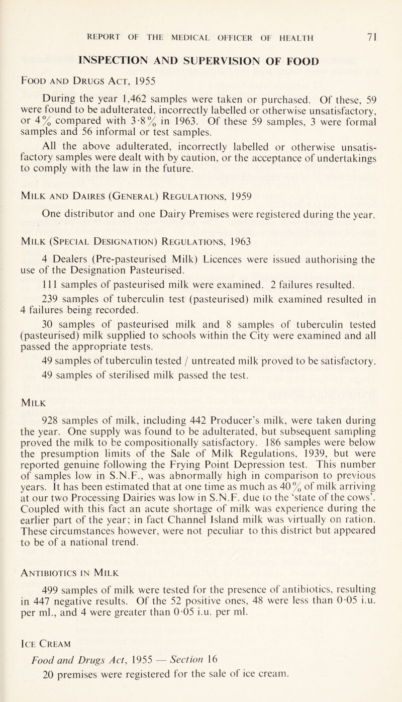 INSPECTION AND SUPERVISION OF FOOD Food and Drugs Act, 1955 During the year 1,462 samples were taken or purchased. Of these, 59 were found to be adulterated, incorrectly labelled or otherwise unsatisfactory, or 4% compared with 3*8% in 1963. Of these 59 samples, 3 were formal samples and 56 informal or test samples. All the above adulterated, incorrectly labelled or otherwise unsatis¬ factory samples were dealt with by caution, or the acceptance of undertakings to comply with the law in the future. Milk and Daires (General) Regulations, 1959 One distributor and one Dairy Premises were registered during the year. Milk (Special Designation) Regulations, 1963 4 Dealers (Pre-pasteurised Milk) Licences were issued authorising the use of the Designation Pasteurised. Ill samples of pasteurised milk were examined. 2 failures resulted. 239 samples of tuberculin test (pasteurised) milk examined resulted in 4 failures being recorded. 30 samples of pasteurised milk and 8 samples of tuberculin tested (pasteurised) milk supplied to schools within the City were examined and all passed the appropriate tests. 49 samples of tuberculin tested / untreated milk proved to be satisfactory. 49 samples of sterilised milk passed the test. Milk 928 samples of milk, including 442 Producer’s milk, were taken during the year. One supply was found to be adulterated, but subsequent sampling proved the milk to be compositionaily satisfactory. 186 samples were below the presumption limits of the Sale of Milk Regulations, 1939, but were reported genuine following the Frying Point Depression test. This number of samples low in S.N.F., was abnormally high in comparison to previous years. It has been estimated that at one time as much as 40% of milk arriving at our two Processing Dairies was low in S.N.F. due to the ‘state of the cows’. Coupled with this fact an acute shortage of milk was experience during the earlier part of the year; in fact Channel Island milk was virtually on ration. These circumstances however, were not peculiar to this district but appeared to be of a national trend. Antibiotics in Milk 499 samples of milk were tested for the presence of antibiotics, resulting in 447 negative results. Of the 52 positive ones, 48 were less than 0-05 i.u. per ml., and 4 were greater than 0-05 i.u. per ml. Ice Cream Food and Drugs Act, 1955 —- Section 16 20 premises were registered for the sale of ice cream.