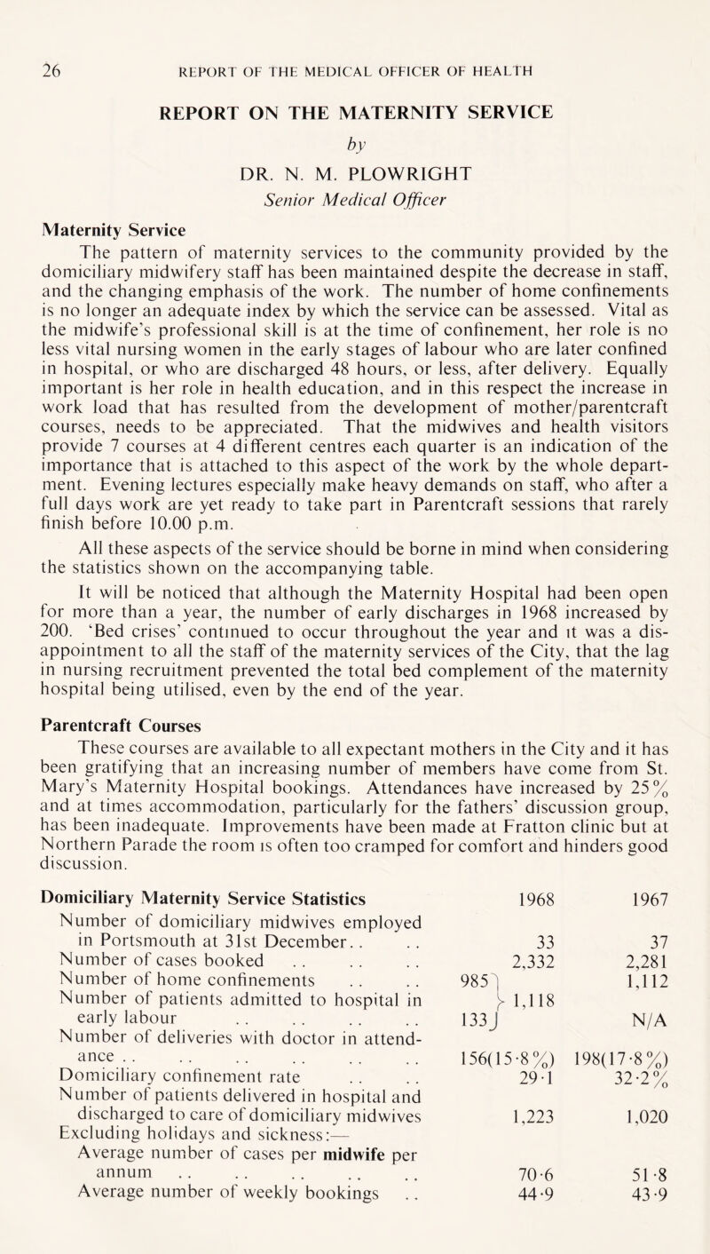 REPORT ON THE MATERNITY SERVICE by DR. N. M. PLOWRIGHT Senior Medical Officer Maternity Service The pattern of maternity services to the community provided by the domiciliary midwifery staff has been maintained despite the decrease in staff, and the changing emphasis of the work. The number of home confinements is no longer an adequate index by which the service can be assessed. Vital as the midwife’s professional skill is at the time of confinement, her role is no less vital nursing women in the early stages of labour who are later confined in hospital, or who are discharged 48 hours, or less, after delivery. Equally important is her role in health education, and in this respect the increase in work load that has resulted from the development of mother/parentcraft courses, needs to be appreciated. That the midwives and health visitors provide 7 courses at 4 different centres each quarter is an indication of the importance that is attached to this aspect of the work by the whole depart¬ ment. Evening lectures especially make heavy demands on staff, who after a full days work are yet ready to take part in Parentcraft sessions that rarely finish before 10.00 p.m. All these aspects of the service should be borne in mind when considering the statistics shown on the accompanying table. It will be noticed that although the Maternity Hospital had been open for more than a year, the number of early discharges in 1968 increased by 200. ‘Bed crises’ continued to occur throughout the year and it was a dis¬ appointment to all the staff of the maternity services of the City, that the lag in nursing recruitment prevented the total bed complement of the maternity hospital being utilised, even by the end of the year. Parentcraft Courses These courses are available to all expectant mothers in the City and it has been gratifying that an increasing number of members have come from St. Mary’s Maternity Hospital bookings. Attendances have increased by 25% and at times accommodation, particularly for the fathers’ discussion group, has been inadequate. Improvements have been made at Fratton clinic but at Northern Parade the room is often too cramped for comfort and hinders good discussion. Domiciliary Maternity Service Statistics Number of domiciliary midwives employed in Portsmouth at 31st December.. Number of cases booked Number of home confinements Number of patients admitted to hospital in early labour Number of deliveries with doctor in attend¬ ance Domiciliary confinement rate Number of patients delivered in hospital and discharged to care of domiciliary midwives Excluding holidays and sickness:— Average number of cases per midwife per annum Average number of weekly bookings 1968 1967 33 37 2,332 2,281 985 1,112 y ui8 133 J N/A 156(15*8 %) 198(17*8%) 29*1 32*2% 1,223 1,020 70*6 51 -8 44*9 43*9