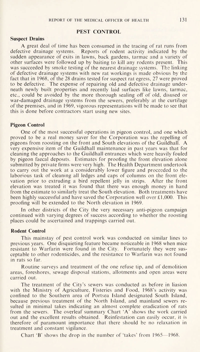 PEST CONTROL Suspect Drains A great deal of time has been consumed in the tracing of rat runs from defective drainage systems. Reports of rodent activity indicated by the sudden appearance of exits in lawns, back gardens, tarmac and a variety of other surfaces were followed up by baiting to kill any rodents present. This was succeeded by smoke testing of the nearest drainage systems. The linking of defective drainage systems with new rat workings is made obvious by the fact that in 1968, of the 28 drains tested for suspect rat egress, 27 were proved to be defective. The expense of repairing old and defective drainage under¬ neath newly built properties and recently laid surfaces like lawns, tarmac, etc., could be avoided by the more thorough sealing off of old, disused or war-damaged drainage systems from the sewers, preferably at the curtilage of the premises, and in 1969, vigorous representations will be made to see that this is done before contractors start using new sites. Pigeon Control One of the most successful operations in pigeon control, and one which proved to be a real money saver for the Corporation was the repelling of pigeons from roosting on the front and South elevations of the Guildhall. A very expensive item of the Guildhall maintenance in past years was that for cleaning the approaches to the Guildhall entrances which were heavily fouled by pigeon faecal deposits. Estimates for proofing the front elevation alone submitted by private firms were very high. The Health Department undertook to carry out the work at a considerably lower figure and proceeded to the laborious task of cleaning all ledges and caps of columns on the front ele¬ vation prior to extruding a bird repellent jelly in strips. After the front elevation was treated it was found that there was enough money in hand from the estimate to similarly treat the South elevation. Both treatments have been highly successful and have saved the Corporation well over £ 1,000. This proofing will be extended to the North elevation in 1969. In other districts of the City the very necessary anti-pigeon campaign continued with varying degrees of success according to whether the roosting places could be ascertained and trappings carried out. Rodent Control This mainstay of pest control work was conducted on similar lines to previous years. One disquieting feature became noticeable in 1968 when mice resistant to Warfarin were found in the City. Fortunately they were sus- ceptable to other rodenticides, and the resistance to Warfarin was not found in rats so far. Routine surveys and treatment of the one refuse tip, and of demolition areas, foreshores, sewage disposal stations, allotments and open areas were carried out. The treatment of the City’s sewers was conducted as before in liasion with the Ministry of Agriculture, Fisteries and Food, 1968’s activity was confined to the Southern area of Portsea Island designated South Island, because previous treatment of the North Island, and mainland sewers re¬ sulted in minimal takes indicating an almost complete eradication of rats from the sewers. The overleaf summary Chart ‘A’ shows the work carried out and the excellent results obtained. Reinfestation can easily occur, it is therefore of paramount importance that there should be no relaxation in treatment and constant vigilance. Chart ‘B’ shows the drop in the number offtakes’ from 1965—1968.