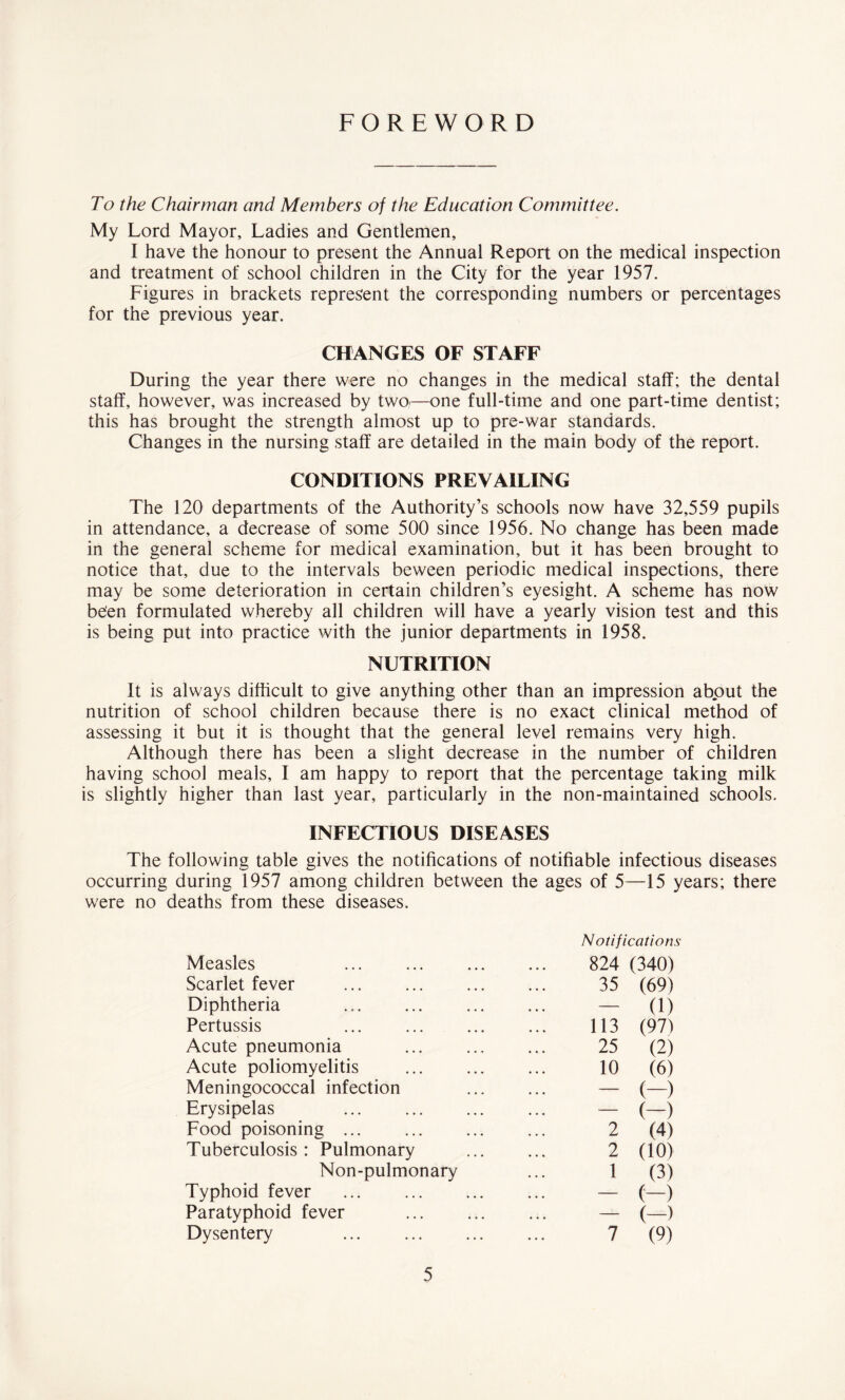 FOREWORD To the Chairman and Members of the Education Committee. My Lord Mayor, Ladies and Gentlemen, I have the honour to present the Annual Report on the medical inspection and treatment of school children in the City for the year 1957. Figures in brackets represent the corresponding numbers or percentages for the previous year. CHANGES OF STAFF During the year there were no changes in the medical staff; the dental staff, however, was increased by two—one full-time and one part-time dentist; this has brought the strength almost up to pre-war standards. Changes in the nursing staff are detailed in the main body of the report. CONDITIONS PREVAILING The 120 departments of the Authority’s schools now have 32,559 pupils in attendance, a decrease of some 500 since 1956. No change has been made in the general scheme for medical examination, but it has been brought to notice that, due to the intervals beween periodic medical inspections, there may be some deterioration in certain children’s eyesight. A scheme has now been formulated whereby all children will have a yearly vision test and this is being put into practice with the junior departments in 1958. NUTRITION It is always difficult to give anything other than an impression about the nutrition of school children because there is no exact clinical method of assessing it but it is thought that the general level remains very high. Although there has been a slight decrease in the number of children having school meals, I am happy to report that the percentage taking milk is slightly higher than last year, particularly in the non-maintained schools. INFECTIOUS DISEASES The following table gives the notifications of notifiable infectious diseases occurring during 1957 among children between the ages of 5—15 years; there were no deaths from these diseases. Notifications Measles 824 (340) Scarlet fever 35 (69) Diphtheria — (1) Pertussis 113 (97) Acute pneumonia 25 (2) Acute poliomyelitis 10 (6) Meningococcal infection — (-) Erysipelas . — (-) Food poisoning ... 2 (4) Tuberculosis ; Pulmonary 2 (10) Non-pulmonary 1 (3) Typhoid fever — (-) Paratyphoid fever • • • — (—> Dysentery ... . • • • 7 (9)