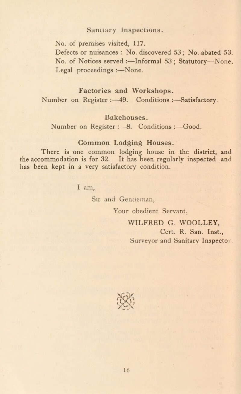 Sanitary Inspections. No. of premises visited, 117. Defects or nuisances : No. discovered 53; No. abated 53. No. of Notices served :—Informal 53 ; Statutory—None. Legal proceedings :—None. Factories and Workshops. Number on Register :—49. Conditions :—Satisfactory. Bakehouses. Number on Register :—8. Conditions :—Good. Common Lodging Houses. There is one common lodging house in the district, and the accommodation is for 32. It has been regularly inspected and has been kept in a very satisfactory condition. I am. Sir and Gentleman, Your obedient Servant, WILFRED G WOOLLEY, Cert. R. San. Inst., Surveyor and Sanitary Inspector