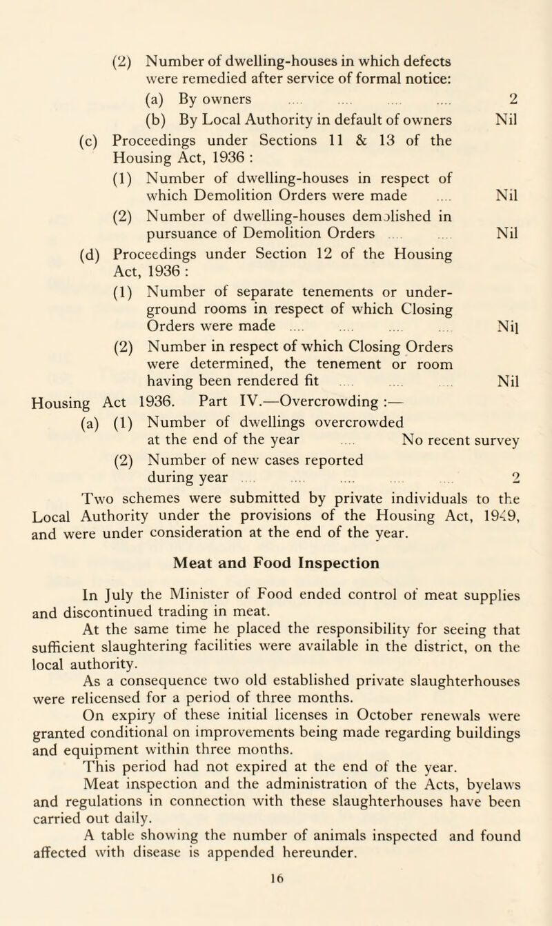 (2) Number of dwelling-houses in which defects were remedied after service of formal notice: (a) By owners 2 (b) By Local Authority in default of owners Nil (C) Proceedings under Sections 11 & 13 of the Housing Act, 1936 : (1) Number of dwelling-houses in respect of which Demolition Orders were made Nil (2) Number of dwelling-houses demolished in pursuance of Demolition Orders Nil (d) Proceedings under Section 12 of the Housing Act, 1936 : (1) Number of separate tenements or under¬ ground rooms in respect of which Closing Orders were made Nil (2) Number in respect of which Closing Orders were determined, the tenement or room having been rendered fit Nil Housing Act 1936. Part IV.—Overcrowding :— (a) (1) Number of dwellings overcrowded at the end of the year No recent survey (2) Number of new cases reported during year 2 Two schemes were submitted by private individuals to the Local Authority under the provisions of the Housing Act, 1949, and were under consideration at the end of the year. Meat and Food Inspection In July the Minister of Food ended control of meat supplies and discontinued trading in meat. At the same time he placed the responsibility for seeing that sufficient slaughtering facilities were available in the district, on the local authority. As a consequence two old established private slaughterhouses were relicensed for a period of three months. On expiry of these initial licenses in October renewals were granted conditional on improvements being made regarding buildings and equipment within three months. This period had not expired at the end of the year. Meat inspection and the administration of the Acts, byelaws and regulations in connection with these slaughterhouses have been carried out daily. A table showing the number of animals inspected and found affected with disease is appended hereunder.