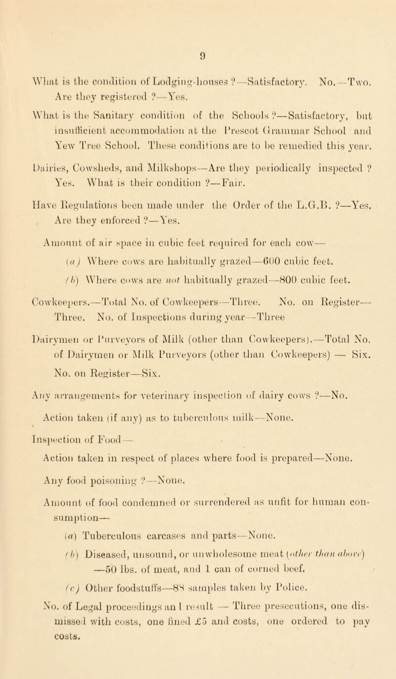 n Wliiit is tho condition of Lodginn-lionsps ’?—Siitisfactory. No. -Two. Ai'o they registci'od ?—Yes. Wliat is file Sanitary condition of the Schools ■?—Satisfactory, lait iiisulHcient accoiumo<lation at the I’rescot (Iraniinar School and Yew Tree School. These condihons are to lie remedied this yeai'. Dairies, Cowslieds, and Milkshops—Are they peiiodically inspected ? Yes. What is tlieir condition '?—Fair. Have llegulations heen made under the Order of tlie L.G.lj. ?—Yes. Are they enforced ?—Yes. Amount of air space in cubic feet reapiired for each cow— [d ) Where ciovs are hahitually grazed—000 cul)ic feet. !h) Where ci'ws are nnt hal)itually grazed—HOt) cubic feet. Cowkeei)ers.—'I'ntal No. of Cowkeepers—Three. No. on Ilegister—■ Three. No. of Inspections during year -'I’hree Itairynien or I’urveyoi's of Milk (other than Oowkeepers).—Total No. of Dairymen or Milk Purveyors (other than Cowkeepers) — Six. No. on Register—Six. Any ariangements for veterinary inspection of dairy cows —No. Action taken (if any) as to tuhercnlous milk—None. Inspection of Food— Action taken in respect of places \vhere food is prepared—None. Any food poisoning —None. Amount of food condemned or surrendered as unlit for human con¬ sumption— {a) Tuberculous carcases and parts—None. 'll) Diseased, unsound, or unwholesome \nn-At [utlirr iIkui (ihnrr) —50 lbs. of meat, and 1 can of coiuied beef. ^c) Other foodstulfs—SS samples taken by Police. No. of Legal proceedings an 1 result — Three, presecutions, one dis¬ missed with costs, one lined £o and costs, one ordered to pay costs.
