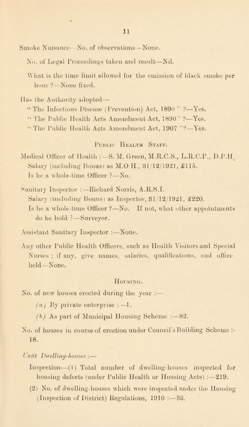 Smoke Xuisiinoe —No. of olisei'vntioiiH—None. No. ol Legal rroeeediiigs taken and resnlt—Nil. W hat is the time limit allowed for the omission of hlacdc smoko per hour ?—None tixed. Has the Authority adopted— “ d'ho Infectious Disease (I’revontion) Act, 1890  ?—Yes. ‘‘ The I’uhlio Health Acts Amendment Act, 1890” ?—Yes. “ The Ihihlic Health Acts Amendment Act, 1907 —Yes. PUKI.IC liE.enXH S’lAFF. ^Medical Otlicor of Health :-S. M. Green, M.R.C.S., L.R.C.P., D.P.II. Salary (including PonusI as M.O H., 9P 12/1921, £115. Is he a whole-time Officer ?—No. Sanitary Inspector ;—Richard Norris, A.R.S.I. Salary (imduding Bonusi as Inspi'ctor, 81 12/1921, £220. Is he a whole-time Officer ?—No. If not, wliat other appointments do he hold ?—Surveyor. Assistant Sanitary Inspector ;—None. .■\ny other Public Health Officers, such as Health Visitors and Special Nur.ses ; if any, give names, salaries, ipialilications, and office held—None. IIorsiNo. No. of new houses erected during the year :— (aj By private enterprise ; —1. (h) As part of IMunicipal Housing Scheme 62. No. of houses in course of erection under Council’s Building Scheme :- 18. / IIfit I)ivelliiiij-li(iiiscs :— Inspection—(I) Total number of dwelling-houses inspected fur housing defects (under Public Health or Housing Acts) :—219. (21 No. of dwelling-houses which wore inspected under the Housing (Inspection of District) Regulations, 1910 :—38.