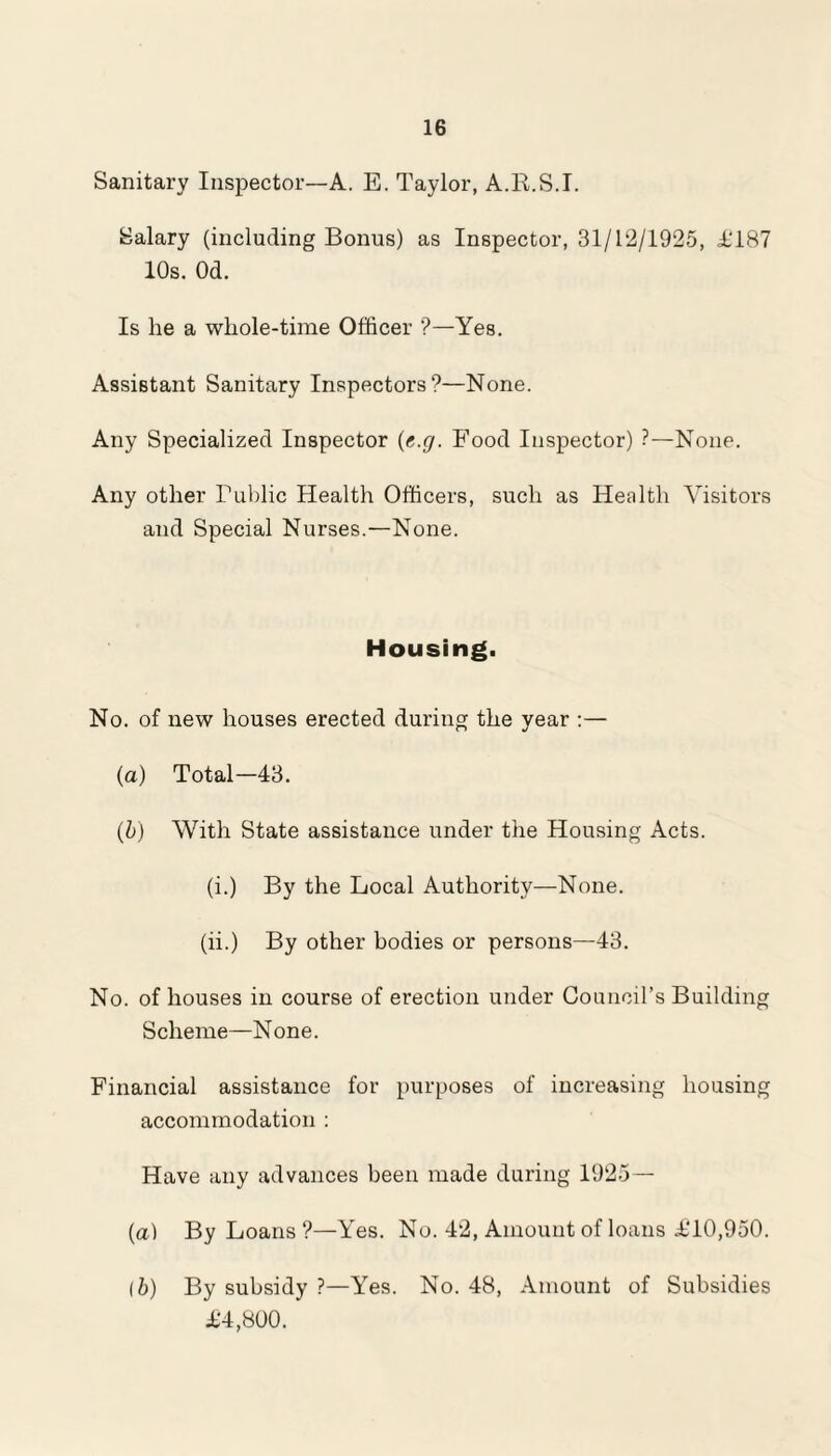 Sanitary Inspector—A. E. Taylor, A.IPS.I. Salary (including Bonus) as Inspector, 31/12/1925, £187 10s. Od. Is he a whole-time Officer ?—Yes. Assistant Sanitary Inspectors?—None. Any Specialized Inspector (e.g. Food Inspector) ?—None. Any other Public Health Officers, such as Health Visitors and Special Nurses.—None. Housing. No. of new houses erected during the year :— (a) Total—43. (b) With State assistance under the Housing Acts. (i.) By the Local Authority—None. (ii.) By other bodies or persons—43. No. of houses in course of erection under Council’s Building Scheme—None. Financial assistance for purposes of increasing housing accommodation : Have any advances been made during 1925— (a) By Loans ?—Yes. No. 42, Amount of loans £10,950. (b) By subsidy ?—Yes. No. 48, Amount of Subsidies £'4,800.