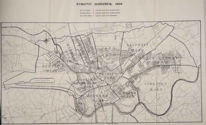 ZYMOTIC DISEASES, 1904 The Red Spots The Blue Spots The Yellow Spots indicate deaths from Scarlet Fever, indicate deaths from Typhoid Fever, indicate deaths from Diphtheria.