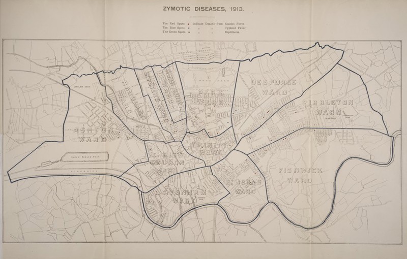 HASUAM PARK FAUtMCOON BMIK , 5^M!i AYENHAM PARK ZYMOTIC DISEASES, 1913. The Red Spots The Blue Spots The Green Spots indicate Deaths from Scarlet Fever. ,, Typhoid Fever. ,, Diphtheria.