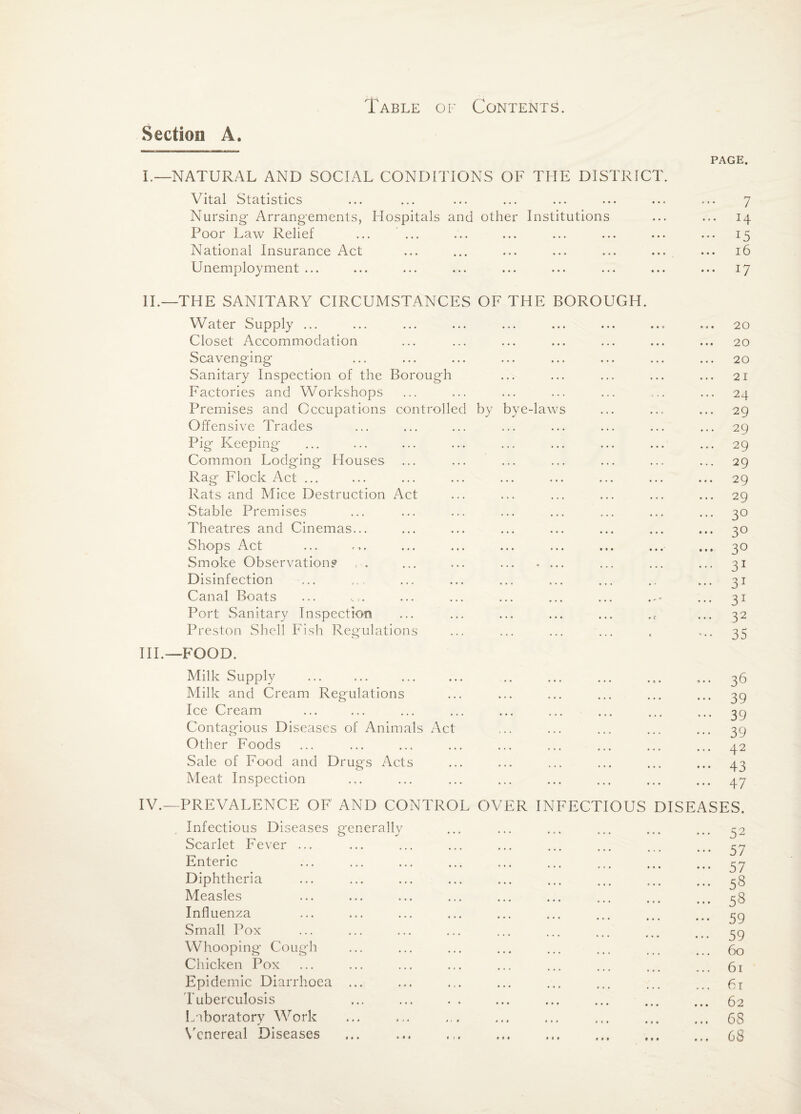 Section A. PAGE. L—NATURAL AND SOCIAL CONDITIONS OF THE DISTRICT. Vital Statistics Nursing- Arrangements, Hospitals and other Institutions Poor Law Relief ... ... National Insurance Act Unemployment ... 7 H 15 16 17 11.—THE SANITARY CIRCUMSTANCES OF THE BOROUGH. Water Supply ... Closet Accommodation Scavenging Sanitary Inspection of the Borough Factories and Workshops Premises and Occupations controlled by bye-laws Offensive Trades Pig Keeping- Common Lodging Houses Ra O' Flock Act ... Rats and Mice Destruction Act Stable Premises Theatres and Cinemas... Shops Act Smoke Observation? , . ... ... ... • ... Disinfection Canal Boats Port Sanitary Inspection Preston .Shell Fish Regulations HI.—FOOD. • • • 20 20 20 21 ... 24 ... 29 ... 29 ... 29 ... 29 ... 29 29 ... 30 ... 30 ... 30 ... 31 ... 31 ... 31 ... 32 35 Milk Supply Milk and Cream Regulations Ice Cream Contagious Diseases of Animals Act Other Foods Sale of Food and Drugs Acts Meat Inspection ,.. 36 ••• 39 ••• 39 ••• 39 42 ••• 43 ... 47 IV.—PREVALENCE OF AND CONTROL OVER INFECTIOUS DISEASES. Infectious Diseases generally Scarlet Fever ... Enteric Diphtheria Measles Influenza Small Pox Whooping Cough Chicken Pox Epidemic Diarrhoea ... I’ubercLilosis L'lboratory Work Wnereal Diseases • • • ... 52 ••• 57 ••• 57 ... 58 ... 58 ••• 59 ... 59 60 61 ... 6t 62 ... 68 ... 68