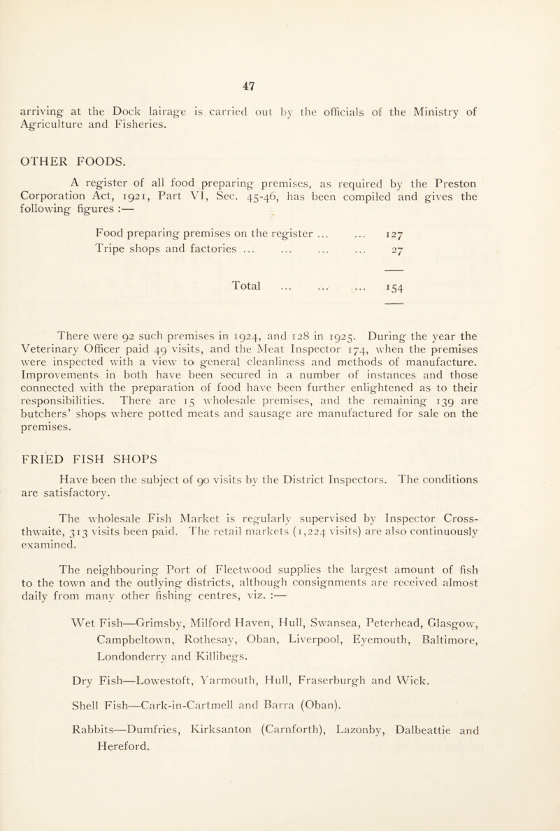arriving at the Dock lairage is carried out by the officials of the Ministry of Agriculture and Fisheries. OTHER FOODS. A register of all food preparing premises, as required by the Preston Corporation Act, 1921, Part VI, Sec. 45-46, has been compiled and gives the following figures :— Food preparing premises on the register ... ... 127 Tripe shops and factories ... ... ... ... 27 Total ... ... ... 154 There were 92 such premises in 1924, and 128 in 1925. During the year the Veterinary Officer paid 49 visits, and the Meat Inspector 174, when the premises were inspected with a view to general cleanliness and methods of manufacture. Improvements in both have been secured in a number of instances and those connected with the preparation of food have been further enlightened as to their responsibilities. There are 15 wholesale premises, and the remaining 139 are butchers’ shops where potted meats and sausage are manufactured for sale on the premises. FRIED FISH SHOPS Have been the subject of 90 visits by the District Inspectors. The conditions are satisfactory. The wholesale Fish Market is regularly supervised by Inspector Cross- thwaite, 313 visits been paid. The retail markets (1,224 v isits) are also continuously examined. The neighbouring Port of Fleetwood supplies the largest amount of fish to the town and the outlying districts, although consignments are received almost daily from many other fishing centres, viz. :— Wet Fish—Grimsby, Milford Haven, Hull, Swansea, Peterhead, Glasgow, Campbeltown, Rothesay, Oban, Liverpool, Eyemouth, Baltimore, Londonderry and Killibegs. Dry Fish—Lowestoft, Yarmouth, Hull, Fraserburgh and Wick. Shell Fish—Cark-in-Cartmell and Barra (Oban). Rabbits—Dumfries, Kirksanton (Carnforth), Lazonby, Dalbeattie and Hereford.