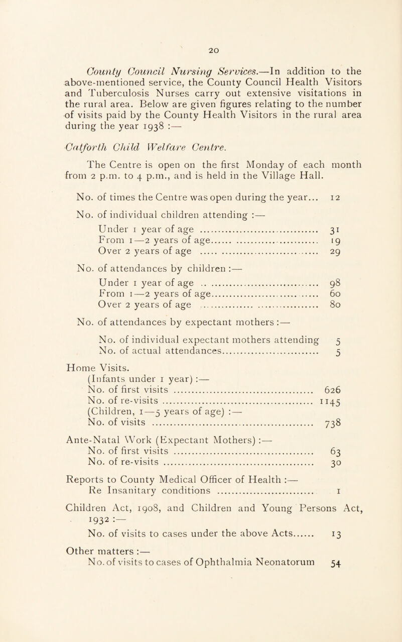 County Council Nursing Services.—In addition to the above-mentioned service, the County Council Health Visitors and Tuberculosis Nurses carry out extensive visitations in the rural area. Below are given figures relating to the number of visits paid by the County Health Visitors in the rural area during the year 1938 :— Catforth Child Welfare Centre. The Centre is open on the first Monday of each month from 2 p.m. to 4 p.m., and is held in the Village Hall. No. of times the Centre was open during the year... 12 No. of individual children attending :— Under i year of age . 31 From I—2 years of age. 19 Over 2 years of age .. 29 No. of attendances by children :— Under i year of age . 98 From I—2 years of age.... 60 Over 2 years of age . 80 No. of attendances by expectant mothers : — No. of individual expectant mothers attending 5 No. of actual attendances. 5 Home Visits. (Infants under i year) :— No. of first visits . 626 No. of re-visits . ii45 (Children, i—5 years of age) : — No. of visits . 738 Ante-Natal Work (Expectant Mothers) : — No. of first visits . 63 No. of re-visits . 30 Reports to County Medical Officer of Health :— Re Insanitary conditions . i Children Act, 1908, and Children and Young Persons Act, 1932 No. of visits to cases under the above Acts. 13 Other matters :— No. of visits to cases of Ophthalmia Neonatorum 54