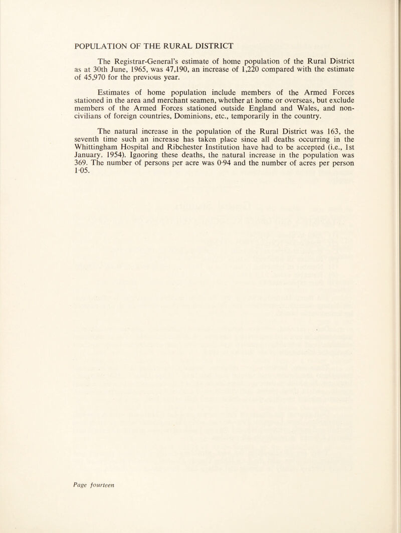 POPULATION OF THE RURAL DISTRICT The Registrar-General’s estimate of home population of the Rural District as at 30th June, 1965, was 47,190, an increase of 1,220 compared with the estimate of 45,970 for the previous year. Estimates of home population include members of the Armed Forces stationed in the area and merchant seamen, whether at home or overseas, but exclude members of the Armed Forces stationed outside England and Wales, and non- civilians of foreign countries. Dominions, etc., temporarily in the country. The natural increase in the population of the Rural District was 163, the seventh time such an increase has taken place since all deaths occurring in the Whittingham Hospital and Ribchester Institution have had to be accepted (i.e., 1st January, 1954). Ignoring these deaths, the natural increase m the population was 369. The number of persons per acre was 0-94 and the number of acres per person 105.