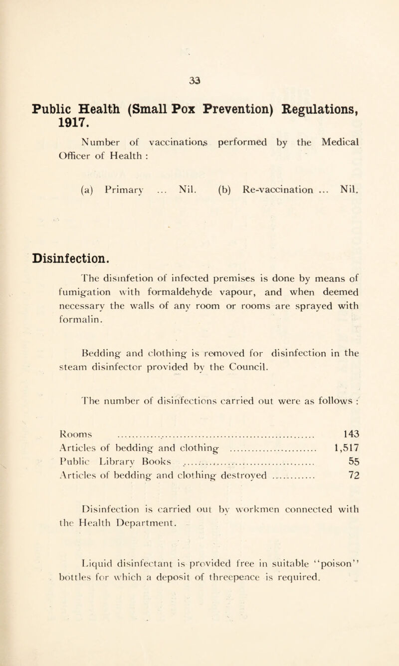 Number of vaccinations performed by the Medical Officer of Health : (a) Primary ... Nil. (b) Re-vaccination ... Nil. Disinfection. The disinfetion of infected premises is done by means of fumigation with formaldehyde vapour, and when deemed necessary the walls of any room or rooms are sprayed with formalin. Bedding and clothing is removed for disinfection in the steam disinfector provided by the Council. The number of disinfections carried out were as follows : 143 Rooms ... Articles of bedding and clothing . Public Library Books .. Articles of bedding and clothing destroyed 1,517 55 72 Disinfection is carried out by workmen connected with the Health Department. Liquid disinfectant is provided free in suitable “poison’’ bottles for which a deposit of threepence is required.