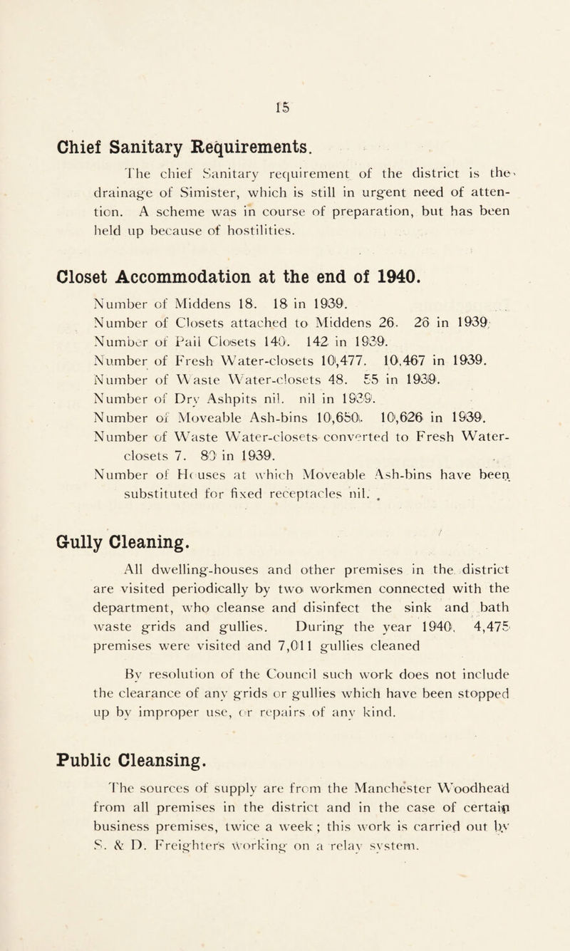 Chief Sanitary Requirements. I'he chief Sanitary requirement of the district is the^ drainage of Simister, which is still in urgent need of atten¬ tion. A scheme was in course of preparation, but has been held up because of hostilities. Closet Accommodation at the end of 1940. Number of Middens 18. 18 in 1930. Number of Closets attached to Middens 26. 26 in 1930. Number of Pail Closets 140'. 142 in 1939. Number of Fresh Water-closets 10*,477. 10,467 in 1030. Number of Waste Water-closets 48. 55 in 1030'. Number of Drv Ashpits nil. nil in 1939. Number of Moveable Ash-bins 10',650i. 10',626 in 1930. Number of Wbiste Water-closets converted to Fresh Water- closets 7. 83' in 19'30. Number of Houses at which Moveable Ash-bins have been, substituted for fixed receptacles nil. , Gully Cleaning. All dwelling-houses and other premises in the, district are visited periodically by two workmen connected with the department, who cleanse and disinfect the sink and .bath waste grids and gullies. During the year 1040', 4,475' premises were visited and 7,041 gullies cleaned By resolution of the Council such work does not include the clearance of any grids or gullies which have been stopped up by improper use, or repairs of any kind. Public Cleansing. 4he sources of supply are from the Manchester WModhead from all premises in the district and in the case of certaiip business premises, twice a week ; this work is carried out by S. N D. Freighters working on a relav svstem.