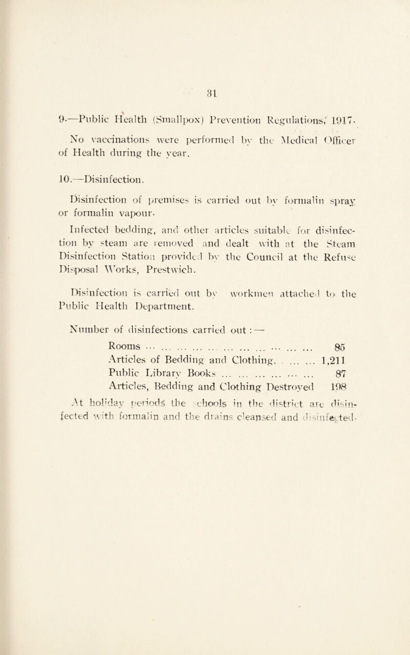 s 9-—Public Health (Smallpox) Prevention Regulations,' 1917. No vaccinations were performed by the Medical Officer of Health during the year. 10.—Disinfection. Disinfection of premises is carried out by formalin spray or formalin vapour. Infected bedding, and other articles suitable for disinfec¬ tion by steam are removed and dealt with at the Steam Disinfection Station provided by the Council at the Refuse Disposal Works, Prestwich. Disinfection is carried out by workmen attached to the Public Health Department. Number of disinfections carried out: — Rooms ... . ... . ®5 Articles of Bedding and Clothing. . . 1,211 Public Library Books . ... 87 Articles, Bedding and Clothing Destroyed 198 At holiday periods the chords in the district ale disin¬ fected with formalin and the drains cleansed and disinfected-