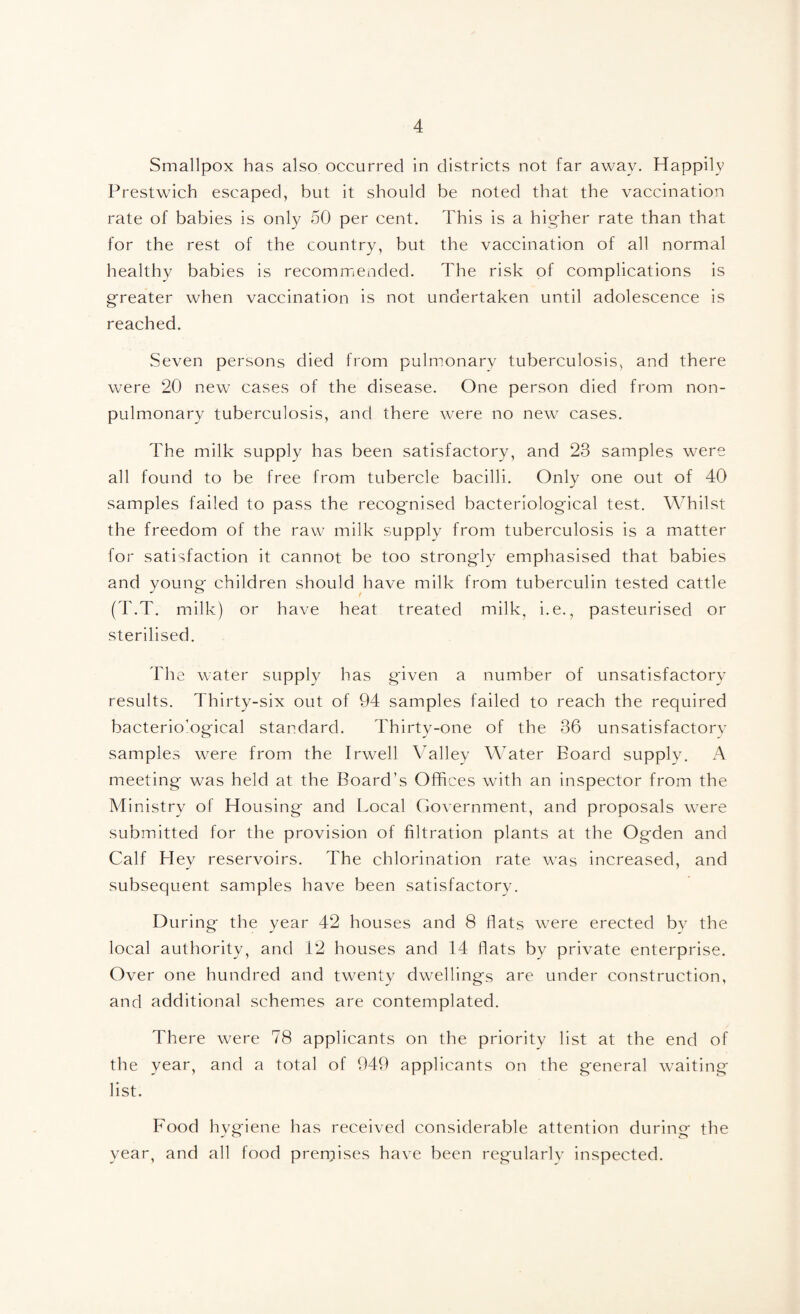 Smallpox has also occurred in districts not far away. Happily Prestwich escaped, but it should be noted that the vaccination rate of babies is only 50 per cent. This is a higher rate than that for the rest of the country, but the vaccination of all normal healthy babies is recommended. The risk of complications is greater when vaccination is not undertaken until adolescence is reached. Seven persons died from pulmonary tuberculosis, and there were 20 new cases of the disease. One person died from non- pulmonary tuberculosis, and there were no new cases. The milk supply has been satisfactory, and 23 samples were all found to be free from tubercle bacilli. Only one out of 40 samples failed to pass the recognised bacteriological test. Whilst the freedom of the raw milk supply from tuberculosis is a matter for satisfaction it cannot be too strongly emphasised that babies and young children should have milk from tuberculin tested cattle (T.T. milk) or have heat treated milk, i.e., pasteurised or sterilised. The water supply has given a number of unsatisfactory results. Thirty-six out of 94 samples failed to reach the required bacterio’ogical standard. Thirty-one of the 36 unsatisfactory samples were from the Irwell Valley Water Board supply. A meeting was held at the Board’s Offices with an inspector from the Ministry of Housing and Local Government, and proposals were submitted for the provision of filtration plants at the Ogden and Calf Hey reservoirs. The chlorination rate was increased, and subsequent samples have been satisfactory. During the year 42 houses and 8 flats were erected by the local authority, and 12 houses and 14 flats by private enterprise. Over one hundred and twenty dwellings are under construction, and additional schemes are contemplated. There were 78 applicants on the priority list at the end of the year, and a total of 949 applicants on the general waiting list. Food hygiene has received considerable attention during the year, and all food premises have been regularlv inspected.