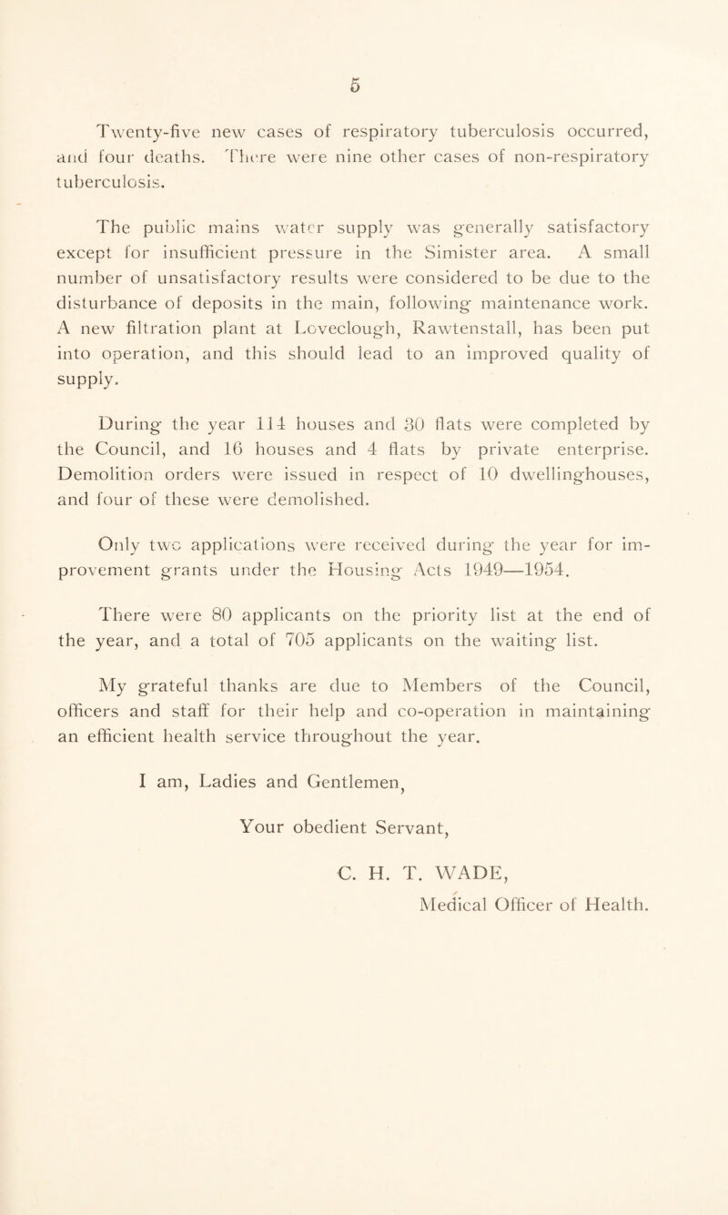 Twenty~five new cases of respiratory tuberculosis occurred, and four deaths, ['here were nine other cases of non-respiratory tuberculosis. The public mains water supply was generally satisfactory except for insufficient pressure in the Simister area. A small number of unsatisfactory results were considered to be due to the disturbance of deposits in the main, following maintenance work. A new filtration plant at Loveclough, Rawtenstall, has been put into operation, and this should lead to an improved quality of supply. During- the year 11-i houses and 30 flats were completed by the Council, and 16 houses and 4 flats by private enterprise. Demolition orders were issued in respect of 10 dwellinghouses, and four of these were demolished. Only twe applications were received during* the year for im¬ provement grants under the Housing Acts 1949—1954. There were 80 applicants on the priority list at the end of the year, and a total of 705 applicants on the waiting list. My grateful thanks are due to Members of the Council, officers and staff for their help and co-operation in maintaining an efficient health service throughout the year. I am. Ladies and Gentlemen, Your obedient Servant, C. H. T. WADE, Medical Officer of Health.