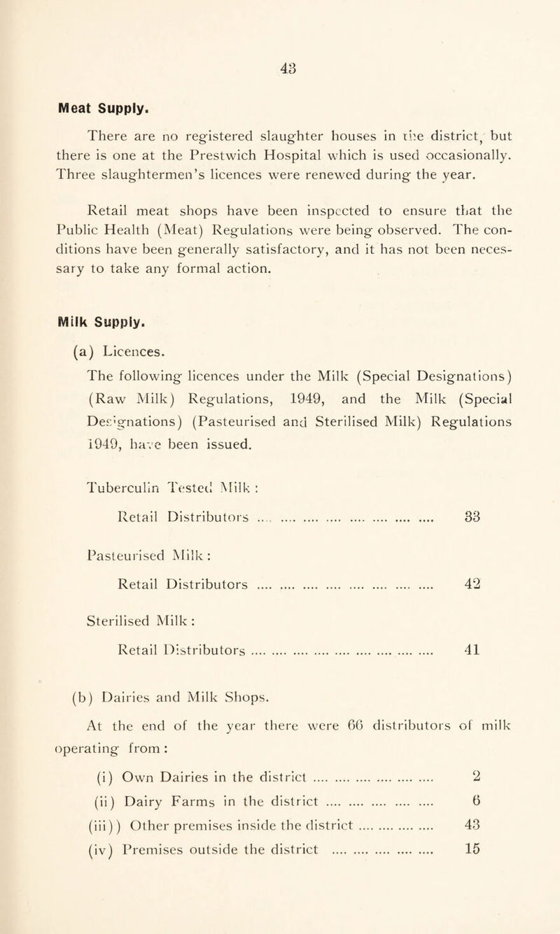 Meat Supply. There are no registered slaughter houses in il^e district^ but there is one at the Prestwich Hospital which is used occasionally. Three slaughtermen’s licences were renewed during the year. Retail meat shops have been inspected to ensure that the Public Health (Meat) Regulations were being observed. The con¬ ditions have been generally satisfactory, and it has not been neces¬ sary to take any formal action. Milk Supply. (a) Licences. The following licences under the Milk (Special Designations) (Raw Milk) Regulations, 1949, and the Milk (Special Des'gnations) (Pasteurised and Sterilised Milk) Regulations 1949, have been issued. Tuberculin Tested Milk : Retail Distributors . 33 Pasteurised Milk : Retail Distributors . 42 Sterilised Milk : Retail Distributors . 41 (b) Dairies and Milk Shops. At the end of the year there were 66 distributors of milk operating from : (i) Own Dairies in the district . 2 (ii) Dairy Farms in the district . 6 (iii) ) Other premises inside the district . 43 (iv) Premises outside the district . 15