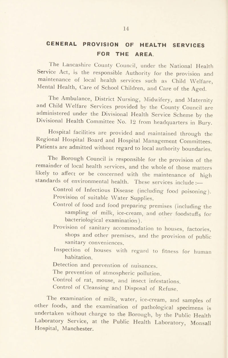GENERAL PROVISION OF HEALTH SERVICES FOR THE AREA. 1 he Lancashire County Council, under the National Health Service Act, is the responsible Authority for the provision and maintenance of local health services such as Child Welfare, Mental Health, Care of School Children, and Care of the Aged. The Ambulance, District Nursing, Midwifery, and Maternity and Child Welfare Services provided by the County Council are administered under the Divisional Health Service Scheme by the Divisional Health Committee No. 12 from headquarters in Bury. Hospital facilities are provided and maintained through the Regional Hospital Board and Hospital Management Committees. Patients are admitted without regard to local authority boundaries. The Borough Council is responsible for the provision of the remainder of local health services, and the whole of those matters likely to affect or be concerned with the maintenance of high standards of environmental health. These services include :_ Control of Infectious Disease (including food poisoning]. Provision of suitable W^ater Supplies. Control of food and food preparing premises (including the sampling of milk, ice-cream, and other foodstuffs for bacteriological examination). Provision of sanitary accommodation to houses, factories, shops and other premises, and the provision of public sanitary conveniences. Inspection of houses with regard to fitness for human habitation. Detection and prevention of nuisances. The prevention of atmospheric pollution. Control of rat, mouse, and insect infestations. Control of Cleansing and Disposal of Refuse. The examination of milk, water, ice-cream, and samples of other foods, and the examination of pathological specimens is undertaken without charge to the Borough, by the Public Health Laboratory Service, at the Public Health Laboratory, Monsall Hospital, Manchester.