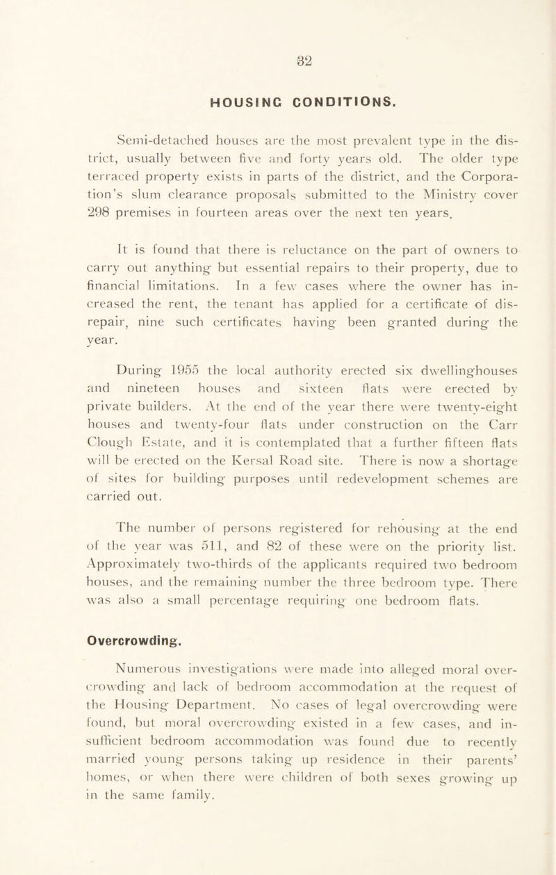 HOUSING CONDITIONS. vSemi-detaclied houses are the most prevalent type in the dis¬ trict, usually between five and forty years old. The older type terraced property exists in parts of the district, and the Corpora¬ tion’s slum clearance proposals submitted to the Ministry cover 298 premises in fourteen areas over the next ten years. It is found that there is reluctance on the part of owners to carry out anything- but essential repairs to their property, due to financial limitations. In a few cases where the owner has in¬ creased the rent, the tenant has applied for a certificate of dis- repaiiy nine such certificates having been granted during the year. During 1955 the local authority erected six dwellinghouses and nineteen houses and sixteen flats were erected by private builders. At the end of the vear there were twentv-eight houses and twenty-four fiats under construction on the Carr Clough Estate, and it is contemplated that a further fifteen fiats will be erected on the Kersal Road site. There is now a shortage of sites for building purposes until redevelopment schemes are carried out. The number of persons registered for rehousing at the end of the year was 511, and 82 of these were on the priority list. Approximately two-thirds of the applicants required two bedroom houses, and the remaining number the three bedroom type. There was also a small percentage requiring one bedroom fiats. Overcrowding. Numerous investigations were made into alleged moral over¬ crowding and lack of bedroom accommodation at the request of the Housing Department. No cases of legal overcrowding were found, but moral overcrowding- existed in a few cases, and in¬ sufficient bedroom accomtuodation was found due to recentlv married young persons taking up residence in their parents’ homes, or when there were children of both sexes growing up in the same family.