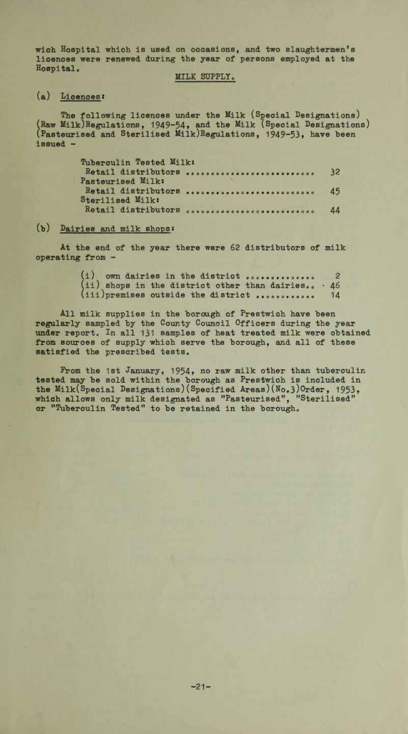 wich Hospital which is used on occasions, and two slaughtermen’s lioences were renewed during the year of persons employed at the Hospital. MILK SUPPLYo (a) Licences * The following licences under the Milk (Special Designations) (Raw Milk)Regulations, 1949-54» and the Milk (Special Designations) (Pasteurised and Sterilised Milk)Regulations, 1949-53, have been issued - Tuberculin Tested Milk* Retail distributors .«o®o®oo®®0®®®a®o«.o®.®oo® 32 Pasteurised Milk* Retail distributors 0®®o.o«®®®®o.®o®.o®ooooo®o 45 Sterilised Milk* Retail distributors 00*0**00000*000***0000.000 44 (b) Dairies and milk shops* At the end of the year there were 62 distributors of milk operating from - (i) own dairies in the district *oo..o.*®oo*.® 2 (ii) shops in the district other than dairies®0 • 46 (iii) premises outside the district *.oooo..«o«® 14 All milk supplies in the borough of Prestwich have been regularly sampled by the County Council Officers during the year under report® In all 131 samples of heat treated milk were obtained from sources of supply which serve the borough, and all of these satisfied the prescribed tests* Prom the 1st January, 1954* no raw milk other than tuberculin tested may be sold within the borough as Prestwich is included in the Milk(Special Designations)(Specified Areas)(No®3)Order, 1953, which allows only milk designated as Pasteurised'', Sterilised or Tuberculin Tested to be retained in the borough® -21-