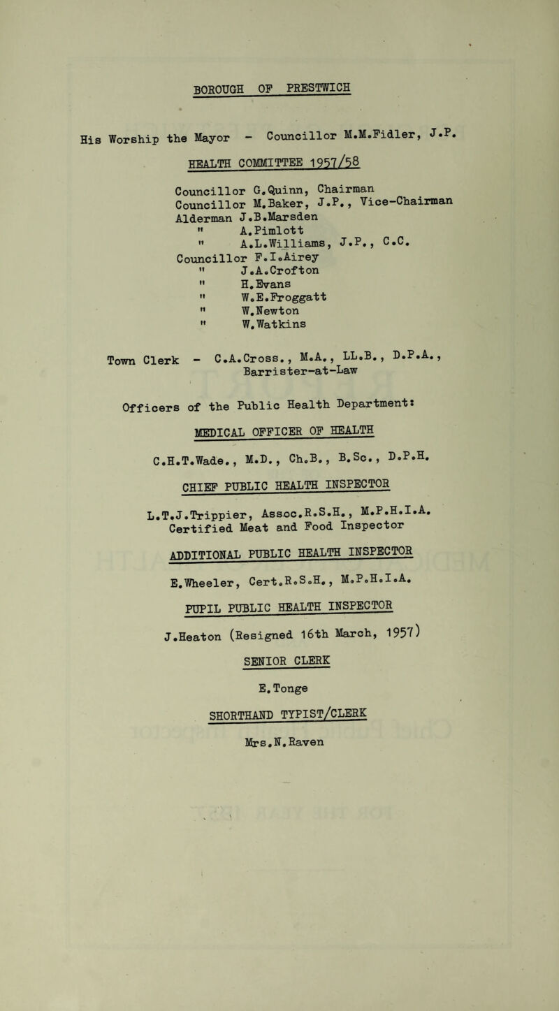 His Worship the Mayor - Councillor M.M.Pidler, J.P. EPi&T.TH COMMITTEE 19S7/58 Councillor G.Quinn, Chairman Councillor M,Baker, J»H#, Vice“Chairman Alderman J.B.Marsden ” A.Pimlott ” A.L.Williams, J.P., C.C, Coimcillor P.IoAirey  J.A.Crofton  H,Evans  W.E.Proggatt W, Newt on  W, Watkins Town Clerk - C.A.Cross., M,A,, LLoB,, D.P.A., Barrister-at-Law Officers of the Public Health Department: vn?niCAL OFFICER OF HEALTH C.H.T.Wade., M.D., Ch.B., B.Sc., D.P.H. CHIEF PUBLIC HEALTH INSPECTOR L.T.J.Trippier, Assoc.R.S.H,, M.P.H.I.A, Certified Meat and Pood Inspector additional public health inspector E,Wheeler, Cert.RoS.H,, M.P.H.I.A, PUPIL PUBLIC HEALTH INSPECTOR J.Heaton (Resigned l6th March, 1957) SENIOR CLERK E, Tonge sttor'thand typist/clerk Mrs.N,Raven