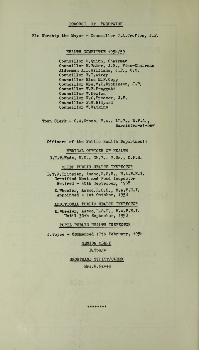 His Worship the Mayor - Councillor J.A.Crofton, J.P. HEALTH COMMITTEE 1958/59 Councillor G.Quinn, Chairman Councillor M.Baker, J.P., Vice-Chairman Alderman AoL.Williams, J.P., C.C, Councillor F.I.Airey Councillor Miss M.F.Copp Councillor Mrs.V.B.Dickinson, J.P. Councillor W0E0Froggatt Councillor W,Newton Councillor N0C.Proctor, J.P, Councillor PoW.Ridyard Councillor W.Watkins Town Clerk - C.A®Cross, M.A., LL.B., D.P.A,, Barris ter-at-Law Officers of the Public Health Departments MEDICAL OFFICER OF HEALTH C.H.T.Wade, M0D», Ch.B., B.Sc., D.P.H. CHIEF PUBLIC HEALTH INSPECTOR L.T.J.Trippier, Assoc.R0S0H0, M.A.P.H.I, Certified Meat and Food Inspector Retired - 30th September, 1958 E.Wheeler, Assoc.R.S.H,, M.A.P.H.I, Appointed «• 1st October, 1958 ADDITIONAL PUBLIC HEALTH INSPECTOR E.Wheeler, Assoc.R.S.H., M.A.P.H.I, Until 30th September, 1958 PUPIL PUBLIC HEALTH INSPECTOR J.Voyoe - Commenced 17th February, 195® SENIOR CLERK E.Tonge SHORTHAND TYPIST/'CLERK Mrs.N, Raven ********
