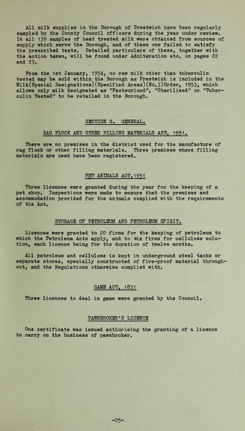 All milk supplies in the Borough of Prestwich have been regularly- sampled. by the County Council officers during the year under review. In all 139 samples of heat treated milk were obtained from sources of supply which serve the Borough, and of these one failed to satisfy the prescribed tests. Detailed particulars of these, together with the action taken, will be found under Adulteration etc. on pages 22 and 23. Prom the 1st January, 1954, no raw milk other than tuberculin tested may be sold within the Borough as Prestwich is included in the Milk(Special Designations)(Specified Areas)(No.3)Order, 1953, which allows only milk designated as Pasteurised, Sterilised or 'Tuber¬ culin Tested to be retailed in the Borough. SECTION 0. GENERAL. RAG FLOCK AND OTHER FILLING MATERIALS ACT. 1951. There are no premises in the district used for the manufacture of rag flock or other filling materials. Three premises where filling materials are used have been registered. PET ANIMALS ACT,1951 Three licences were granted during the year for the keeping of a pet shop. Inspections were made to ensure that the premises and accommodation provided for the animals complied with the requirements of the Act. STORAGE OF PETROLEUM AND PETROLEUM SPIRIT. Licences were granted to 20 firms for the keeping of petroleum to which the Petroleum Acts apply, and to six firms for cellulose solu¬ tion, each licence being for the duration of twelve months. All petroleum and cellulose is kept in underground steel tanks or separate stores, specially constructed of fire-proof material through¬ out, and the Regulations otherwise complied with. GAME ACT, 1831 Three licences to deal in game were granted by the Council. PAWNBROKER'S LICENCE One certificate was issued authorising the granting of a licence to carry on the business of pawnbroker. -25-