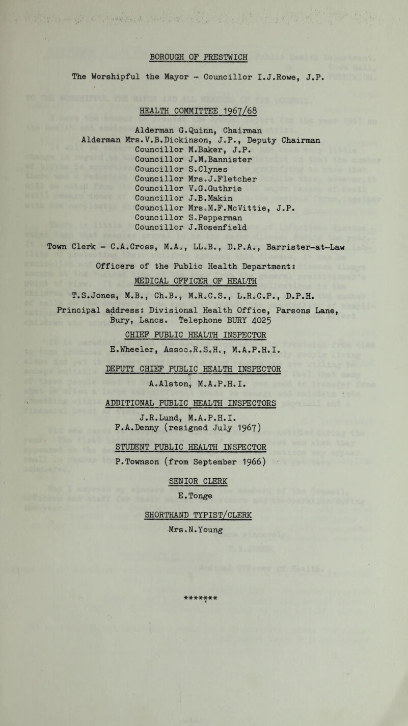 The Worshipful the Mayor - Councillor I.J.Rowe, J.P. HEALTH COMMITTEE 1967/68 Alderman Go Quinn, Chairman Alderman Mrs.V.B.Dickinson, J.P., Deputy Chairman Councillor M.Baker, J.P. Councillor J.M.Bannister Councillor S.Clynes Councillor Mrs.JoFletcher Councillor V.G.Guthrie Councillor J.B.Makin Councillor MrscM.F.McVittie, J.P. Councillor SoPepperman Councillor J.Rosenfield Town Clerk - C.A.Cross, M.A., LL.B., D.P.A., Barrister-at-Law Officers of the Public Health Departments MEDICAL OFFICER OF HEALTH T.S.Jones, M.B., Ch.B., M.R.C.S., L.R.C.P., D.P.H. Principal addresss Divisional Health Office, Parsons Lane, Bury, Lancs. Telephone BURY 4025 CHIEF PUBLIC HEALTH INSPECTOR E.Wheeler, Assoc.R.S.H., M.A.P.H.I. DEPUTY CHIEF PUBLIC HEALTH INSPECTOR A.Alston, M.A.P.H.I. ADDITIONAL PUBLIC HEALTH INSPECTORS J.R.Lund, M.A.P.H.I. F.A.Denny (resigned July 1967) STUDENT PUBLIC HEALTH INSPECTOR P.Townson (from September 1966) SENIOR CLERK E.Tonge SHORTHAND TYPIST/CLERK Mrs.N.Young *******