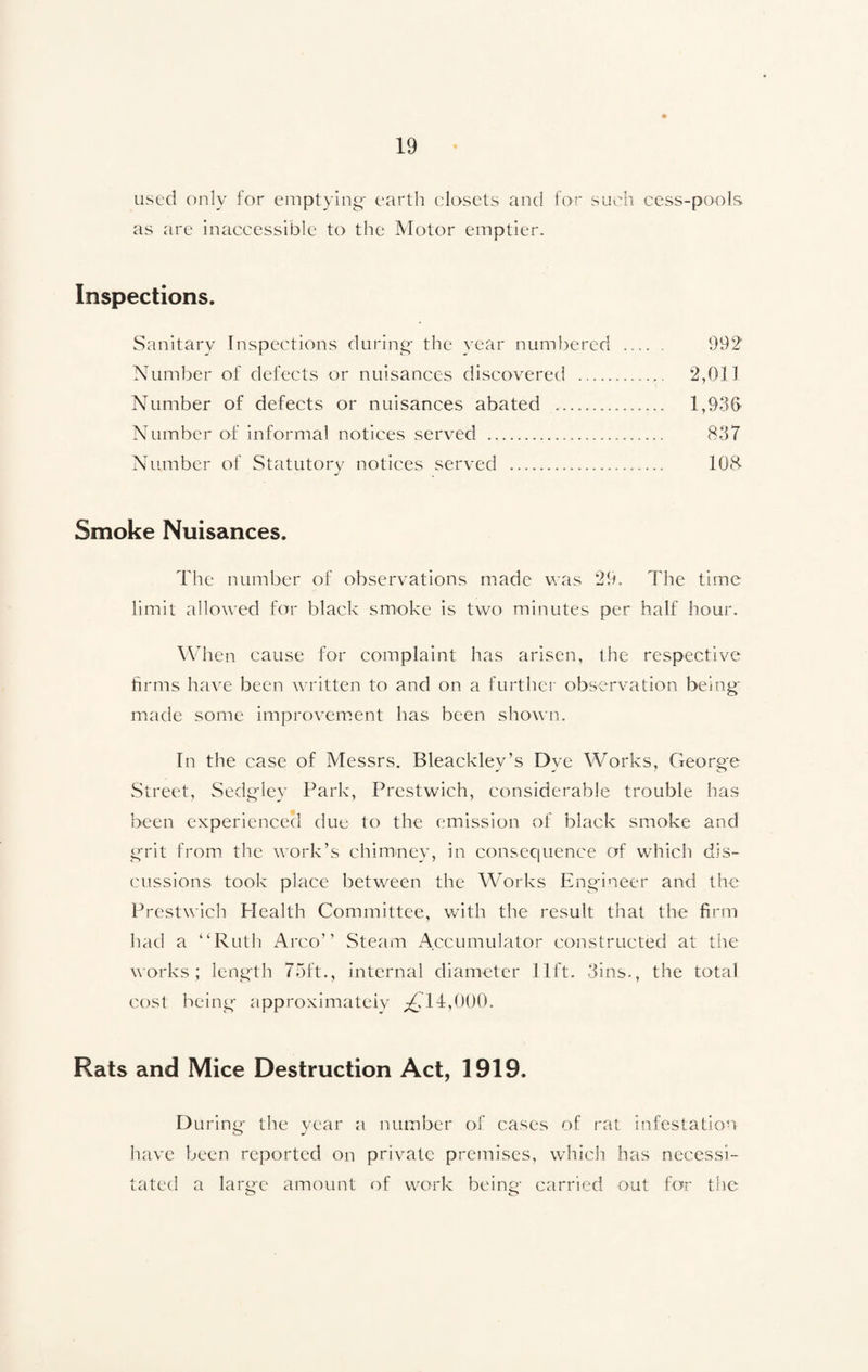 used only for emptying- earth closets and for such cess-pools as are inaccessible to the Motor emptier. Inspections. Sanitary Inspections during- the year numbered .... . 992 Number of defects or nuisances discovered .. 2,011 Number of defects or nuisances abated .. 1,930 Number of informal notices served .... 837 Number of Statutory notices served .. 108- Smoke Nuisances. The number of observations made was 29. The time limit allowed for black smoke is two minutes per half hour. When cause for complaint has arisen, the respective firms have been written to and on a further observation being made some improvement has been shown. In the case of Messrs. Bleackley’s Dye Works, George Street, Sedgley Park, Prestwich, considerable trouble has been experienced due to the emission of black smoke and grit from the work’s chimney, in consequence of which dis¬ cussions took place between the Works Engineer and the Prestwich Plealth Committee, with the result that the firm had a “Ruth Arco’’ Steam Accumulator constructed at the works; length 75ft., internal diameter lift, tins., the total cost being approximately ^14,000. Rats and Mice Destruction Act, 1919. Du ring the year a number of cases of rat infestation have been reported on private premises, which has necessi¬ tated a larire amount of work being- carried out for the o o
