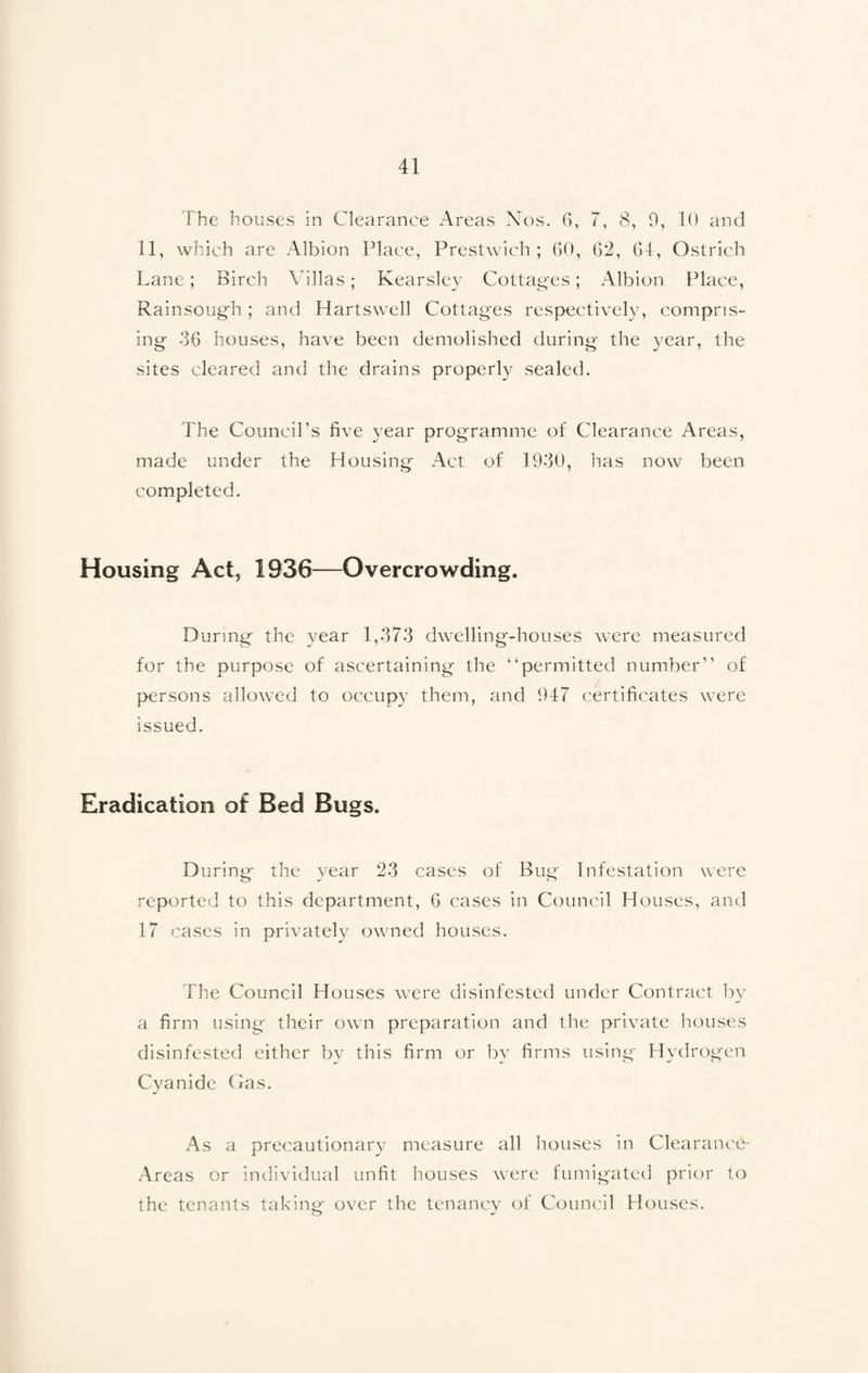 The houses in Clearance Areas Nos. 6, 7, 8, 9, 10 and 11, which are Albion Place, Prestwich ; 60, 6*2, 64, Ostrich Lane; Birch A illas; Kearsley Cottag'es; Albion Place, Rainsough; and Hartswell Cottages respectively, compris¬ ing 36 houses, have been demolished during the year, the sites cleared and the drains properly sealed. The Council’s five year programme of Clearance Areas, made under the Housing Act of 1930, has now been completed. Housing Act, 1936—Overcrowding. During the year 1,373 dwelling-houses were measured for the purpose of ascertaining the “permitted number” of persons allowed to occupy them, and 947 certificates were issued. Eradication of Bed Bugs. During the year 23 cases of Bug Infestation were reported to this department, 6 cases in Council Houses, and 17 cases in privately owned houses. The Council Houses were disinfested under Contract by a firm using their own preparation and the private houses disinfested either by this firm or by firms using Hydrogen Cyanide Gas. As a precautionary measure all houses in Clearance-' Areas or individual unfit houses were fumigated prior to the tenants taking over the tenancy of Council Houses.