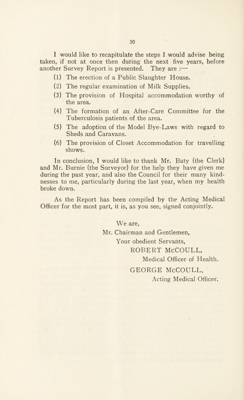 I would like to recapitulate the steps I would advise being taken, if not at once then during the next five years, before another Survey Report is presented. They are :— (1) The erection of a Public Slaughter House. (2) The regular examination of Milk Supplies. (3) The provision of Hospital accommodation worthy of the area. (4) The formation of an After-Care Committee for the Tuberculosis patients of the area. (5) The adoption of the Model Bye-Laws with regard to Sheds and Caravans. (6) The provision of Closet Accommodation for travelling shows. In conclusion, I would like to thank Mr. Baty (the Clerk) and Mr. Burnie (the Surveyor) for the help they have given me during the past year, and also the Council for their many kind¬ nesses to me, particularly during the last year, when my health broke down. As the Report has been compiled by the Acting Medical Officer for the most part, it is, as you see, signed conjointly. We are, Mr. Chairman and Gentlemen, Your obedient Servants, ROBERT McCOULL, Medical Officer of Health. GEORGE McCOULL, Acting Medical Officer.