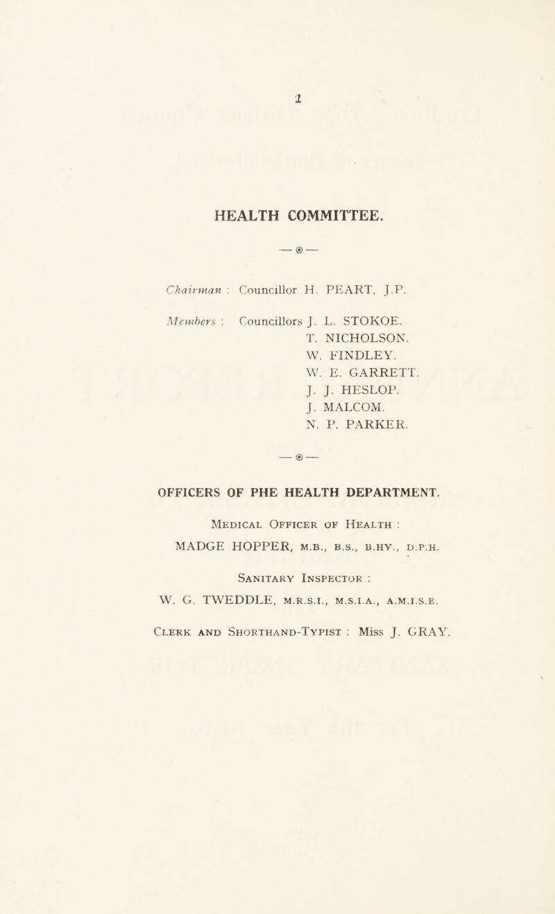 HEALTH COMMITTEE. — ® — Chairman : Councillor H. PEART, J.P. Members : Councillors J. L. STOKOE. T. NICHOLSON. W. FINDLEY. W. E. GARRETT. J. J. HESLOP. J. MALCOM. N. P. PARKER. — @ — OFFICERS OF PHE HEALTH DEPARTMENT, Medical Officer of Health : MADGE HOPPER, m.b., b.s., b.hy., d.p.h. Sanitary Inspector : W. G. TWEDDLE, m.r.s.i., m.s.i.a., a.m.i.s.e. Clerk and Shorthand-Typist : Miss J. GRAY.