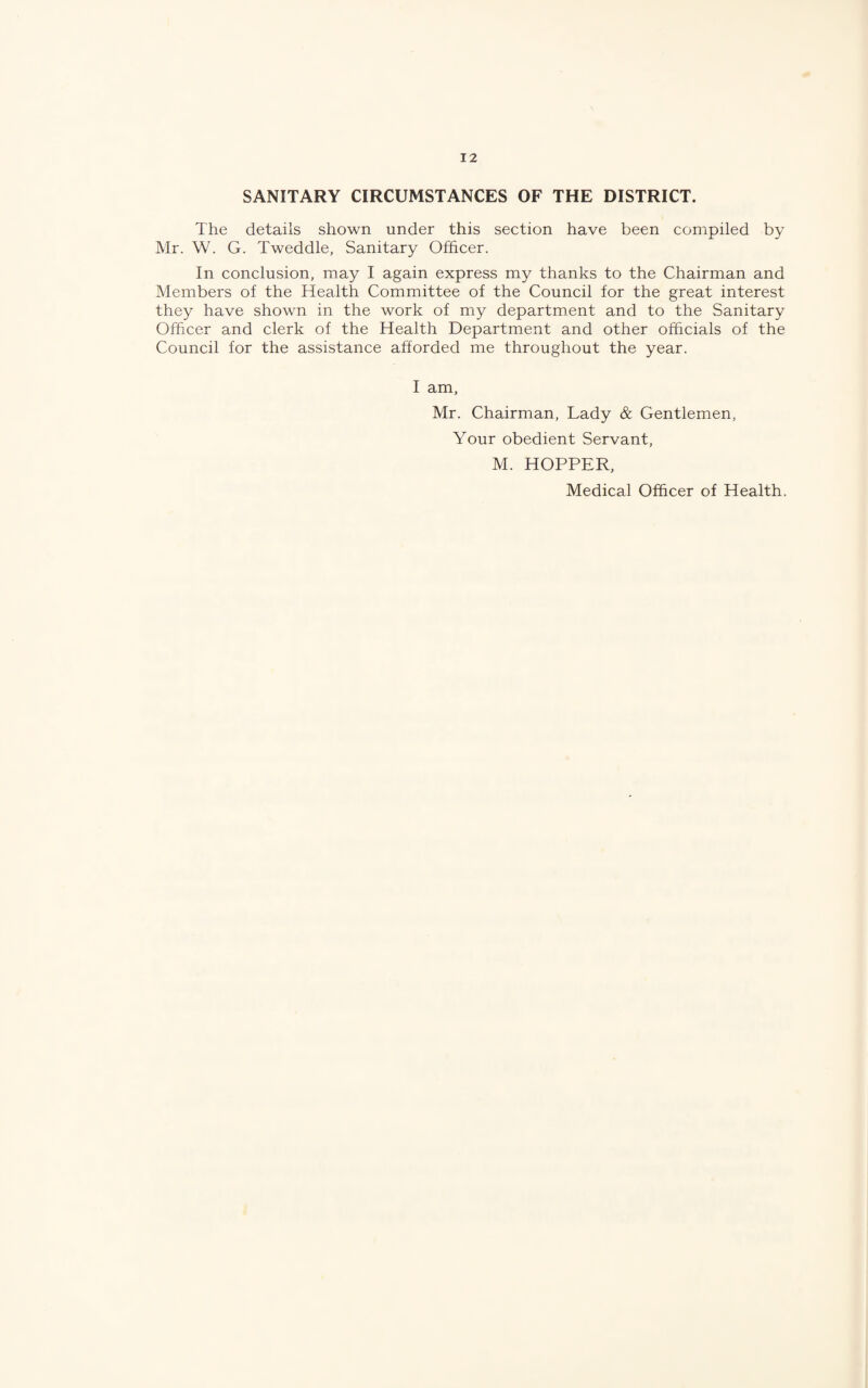 SANITARY CIRCUMSTANCES OF THE DISTRICT. The details shown under this section have been compiled by Mr. W. G. Tweddle, Sanitary Ofhcer. In conclusion, may I again express my thanks to the Chairman and Members of the Health Committee of the Council for the great interest they have shown in the work of my department and to the Sanitary Officer and clerk of the Health Department and other officials of the Council for the assistance afforded me throughout the year. I am, Mr. Chairman, Lady & Gentlemen, Your obedient Servant, M. HOPPER, Medical Officer of Health.
