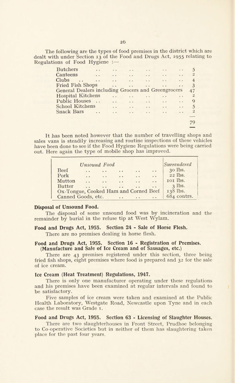 The following are the types of food premises in the district which are dealt with under Section 13 of the Food and Drugs Act, 1955 relating to Regulations of Food Hygiene :— Butchers .. . . . . . . • • • • 5 Canteens .. .. . . .. • . • • 2 Clubs •• •• •• •• •• •• 4 Fried Fish Shops . . .. . . . . .. 3 General Dealers including Grocers and Greengrocers 47 Hospital Kitchens . . . . . . . . . . 2 Public Houses . . . . . . . . . . . . 9 School Kitchens .. . . .. .. .. 5 Snack Bars . . . . . . . . . . .. 2 79 It has been noted however that the number of travelling shops and sales vans is steadily increasing and routine inspections of these vehicles have been done to see if the Food Hygiene Regulations were being carried out. Here again the type of mobile shop has improved. Unsound Food Surrendered •• •• •• •• •• 30 lbs. Pork 22 lbs. Mutton loi lbs. Butter 3 lbs. Ox-Tongue, Cooked Ham and Corned Beef 138 lbs. Canned Goods, etc. 684 contrs. Disposal of Unsound Food. The disposal of some unsound food was by incineration and the remainder by burial in the refuse tip at West Wylam, Food and Drugs Act, 1955. Section 24 - Sale of Horse Flesh. There are no premises dealing in horse flesh. Food and Drugs Act, 1955. Section 16 - Registration of Premises. (Manufacture and Sale of Ice Cream and of Sausages, etc.) There are 43 premises registered under this section, three being fried fish shops, eight premises where food is prepared and 32 for the sale of ice cream. Ice Cream (Heat Treatment) Regulations, 1947. There is only one manufacturer operating under these regulations and his premises have been examined at regular intervals and found to be satisfactory. Five samples of ice cream were taken and examined at the Public Health Laboratory, Westgate Road, Newcastle upon Tyne and in each case the result was Grade t. Food and Drugs Act, 1955. Section 63 - Licensing of Slaughter Houses. There are two slaughterhouses in Front Street, Prudhoe belonging to Co-operative Societies but in neither of them has slaughtering taken place for the past four years.