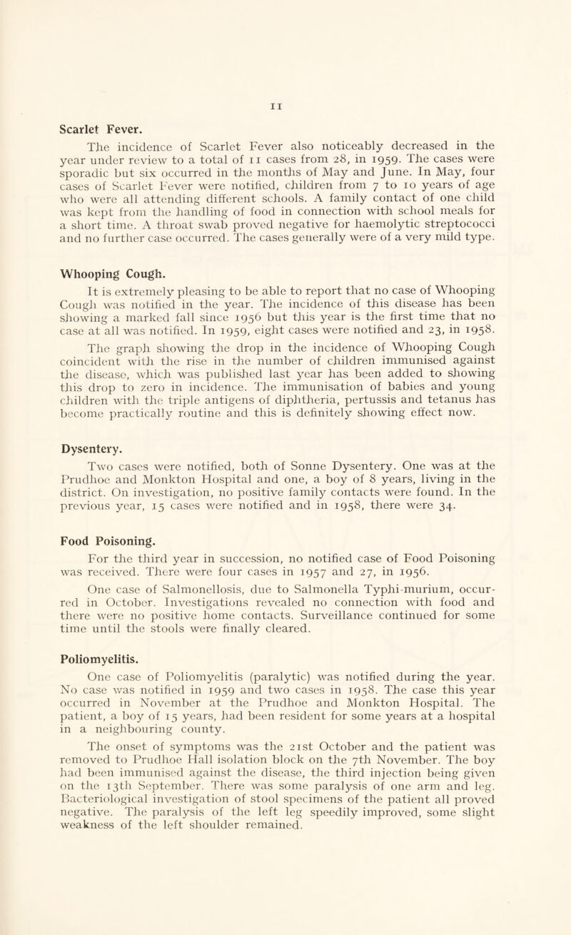 Scarlet Fever. The incidence of Scarlet Fever also noticeably decreased in the year under review to a total of ii cases from 28, in 1959. The cases were sporadic but six occurred in the months of May and June, In May, four cases of Scarlet Fever were notihed, children from 7 to 10 years of age who were all attending different schools. A family contact of one child was kept from the handling of food in connection with school meals for a short time. A throat swab proved negative for haemolytic streptococci and no further case occurred. The cases generally were of a very mild type. Whooping Cough. It is extremely pleasing to be able to report that no case of Whooping Cough was notified in the year. The incidence of this disease has been showing a marked fall since 1956 but this year is the first time that no case at all was notified. In 1959, eight cases were notified and 23, in 1958. The graph showing the drop in the incidence of Whooping Cough coincident with the rise in the number of children immunised against the disease, which was published last year has been added to showing this drop to zero in incidence. The immunisation of babies and young children with the triple antigens of diphtheria, pertussis and tetanus has become practically routine and this is definitely showing effect now. Dysentery. Two cases were notified, both of Sonne Dysentery. One was at the Prudhoe and Monkton Hospital and one, a boy of 8 years, living in the district. On investigation, no positive family contacts were found. In the previous year, 15 cases were notified and in 1958, there were 34. Food Poisoning. For the third year in succession, no notified case of Food Poisoning was received. There were four cases in 1957 27, in 1956. One case of Salmonellosis, due to Salmonella Typhi-murium, occur¬ red in October. Investigations revealed no connection with food and there were no positive home contacts. Surveillance continued for some time until the stools were finally cleared. Poliomyelitis. One case of Poliomyelitis (paralytic) was notified during the year. No case was notified in 1959 and two cases in 1958. The case this year occurred in November at the Prudhoe and Monkton Hospital. The patient, a boy of 15 years, had been resident for some years at a hospital in a neighbouring county. The onset of symptoms was the 21st October and the patient was removed to Prudhoe Hall isolation block on the 7th November. The boy had been immunised against the disease, the third injection being given on the 13 th September. There was some paralysis of one arm and leg. Bacteriological investigation of stool specimens of the patient all proved negative. The paralysis of the left leg speedily improved, some slight weakness of the left shoulder remained.