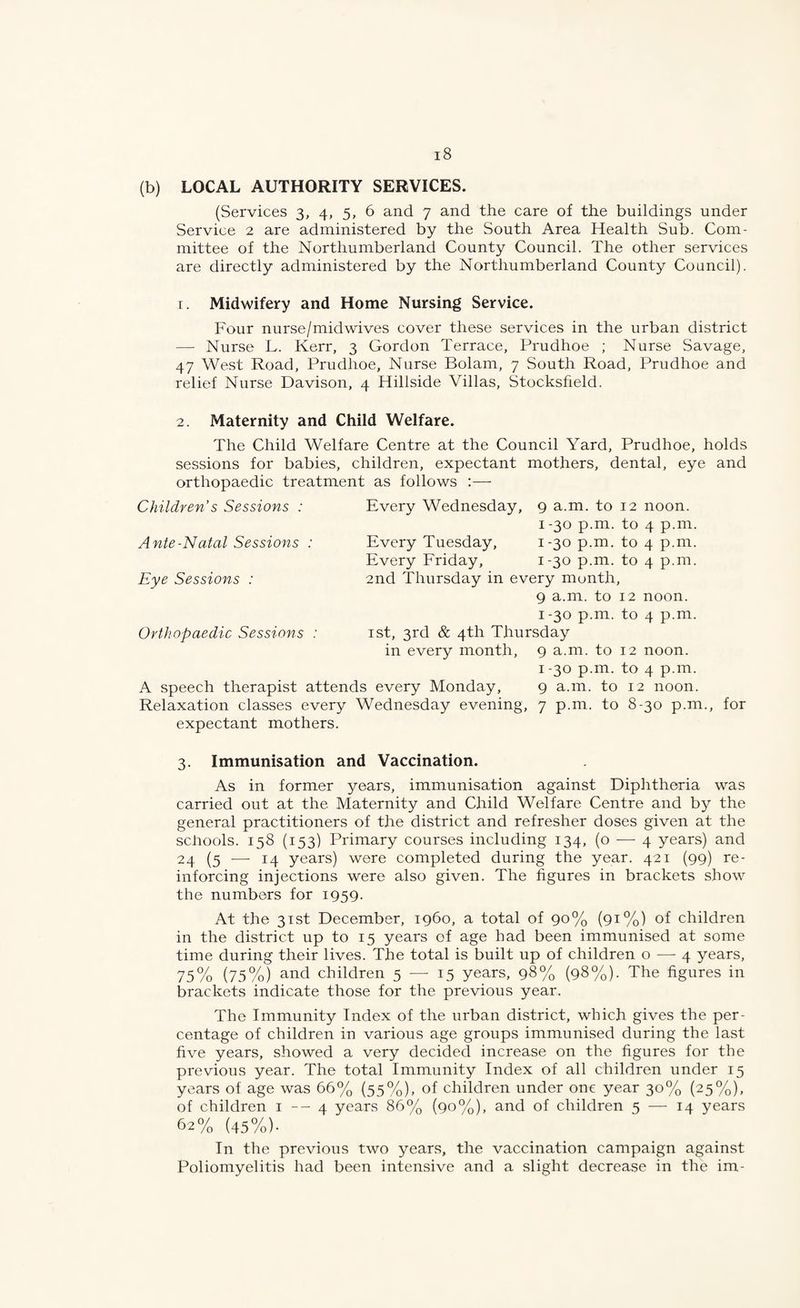 (b) LOCAL AUTHORITY SERVICES. (Services 3, 4, 5, 6 and 7 and the care of the buildings under Service 2 are administered by the South Area Health Sub. Com¬ mittee of the Northumberland County Council. The other services are directly administered by the Northumberland County Council). I. Midwifery and Home Nursing Service. Four nurse/midwives cover these services in the urban district — Nurse L. Kerr, 3 Gordon Terrace, Prudhoe ; Nurse Savage, 47 West Road, Prudhoe, Nurse Bolam, 7 South Road, Prudhoe and relief Nurse Davison, 4 Hillside Villas, Stocksfield. 2. Maternity and Child Welfare. The Child Welfare Centre at the Council Yard, Prudhoe, holds sessions for babies, children, expectant mothers, dental, eye and orthopaedic treatment as follows ;— Children’s Sessions : Ante-Natal Sessions : Eye Sessions : Every Wednesday, 9 a.m. to 12 noon. I -30 p.m. to 4 p.m. Every Tuesday, 1-30 p.m. to 4 p.m. Every Eriday, 1-30 p.m. to 4 p.m. 2nd Thursday in every month, 9 a.m. to 12 noon. I -30 p.m. to 4 p.m. Orthopaedic Sessions : ist, 3rd & 4th Thursday in every month, 9 a.m. to 12 noon. I -30 p.m. to 4 p.m. A speech therapist attends every Monday, 9 a.m. to 12 noon. Relaxation classes every Wednesday evening, 7 p.m. to 8-30 p.m., for expectant mothers. 3. Immunisation and Vaccination. As in former years, immunisation against Diphtheria was carried out at the Maternity and Child Welfare Centre and by the general practitioners of the district and refresher doses given at the schools. 158 (153) Primary courses including 134, (o — 4 years) and 24 (5 — 14 years) were completed during the year. 421 (99) re¬ inforcing injections were also given. The figures in brackets show the numbers for 1959. At the 31st December, i960, a total of 90% (91%) of children in the district up to 15 years of age had been immunised at some time during their lives. The total is built up of children o — 4 years, 75% (75%) and children 5 — 15 years, 98% (98%). The figures in brackets indicate those for the previous year. The Immunity Index of the urban district, which gives the per¬ centage of children in various age groups immunised during the last five years, showed a very decided increase on the figures for the previous year. The total Immunity Index of all children under 15 years of age was 66% (55%), of children under one year 30% (25%), of children i -- 4 years 86% (90%), and of children 5 —-14 years 62% (45%)- In the previous two years, the vaccination campaign against Poliomyelitis had been intensive and a slight decrease in the im-