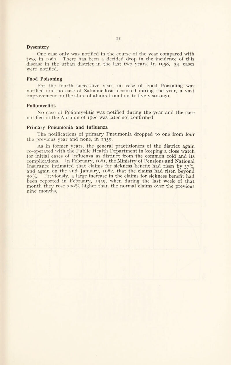 Dysentery One case only was notified in the course of the year compared with two, in i960. There has been a decided drop in the incidence of this disease in the urban district in the last two years. In 1958, 34 cases were notified. Food Poisoning For the fourth successive year, no case of Food Poisoning was notified and no case of Salmonellosis occurred during the year, a vast improvement on the state of affairs from four to five years ago. Poliomyelitis No case of Poliomyelitis was notified during the year and the case notified in the Autumn of i960 was later not confirmed. Primary Pneumonia and Influenza The notifications of primary Pneumonia dropped to one from four the previous year and none, in 1959. As in former years, the general practitioners of the district again co-operated with the Public Health Department in keeping a close watch for initial cases of Influenza as distinct from the common cold and its complications. In February, 1961, the Ministry of Pensions and National Insurance intimated that claims for sickness benefit had risen by 37% and again on the 2nd January, 1962, that the claims had risen beyond 50%. Previously, a large increase in the claims for sickness benefit had been reported in February, 1959, when during the last week of that month they rose 300% higher than the normal claims over the previous nine months.