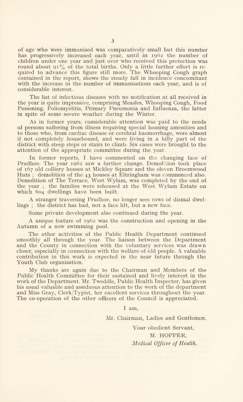 of age who were immunised was comparatively small but this number has progressively increased each year, until in 1962 the number of children under one year and just over who received this protection was round about 91% of the total births. Only a little further effort is re¬ quired to advance this figure still more. The Whooping Cough graph contained in the report, shows the steady fall in incidence concomitant with the increase in the number of immunisations each year, and is of considerable interest. The list of infectious diseases with no notification at all received in the year is quite impressive, comprising Measles, Whooping Cough, Food Poisoning, Poliomyelitis, Primary Pneumonia and Influenza, the latter in spite of some severe weather during the Winter. As in former years, considerable attention was paid to the needs of persons suffering from illness requiring special housing amenities and to those who, from cardiac disease or cerebral haemorrhage, were almost if not completely housebound, and were living in a hilly part of the district with steep steps or stairs to climb. Six cases were brought to the attention of the appropriate committee during the year. In former reports, I have commented on the changing face of Prudhoe. The year 1962 saw a further change. Demolition took place of 167 old colliery houses at Mickley Square and the eleven Broomwood Huts ; demolition of the 43 houses at Eltringham was commenced also. Demolition of The Terrace, West Wylam, was completed by the end of the year ; the families were rehoused at the West Wylam Estate on which 604 dwellings have been built. A stranger traversing Prudhoe, no longer sees rows of dismal dwel¬ lings ; the district has had, not a face lift, but a new face. Some private development also continued during the year. A unique feature of 1962 was the construction and opening in the Autumn of a new swimming pool. The other activities of the Public Health Department continued smoothly all through the year. The liaison between the Department and the County in connection with the voluntary services was drawn closer, especially in connection with the welfare of old people. A valuable contribution in this work is expected in the near future through the Youth Club organisation. My thanks are again due to the Chairman and Members of the Public Health Committee for their sustained and lively interest in the work of the Department. Mr. Tweddle, Public Health Inspector, has given his usual valuable and assiduous attention to the work of the department and Miss Gray, Clerk/Typist, her excellent services throughout the year. The co-operation of the other officers of the Council is appreciated. I am, Mr. Chairman, Ladies and Gentlemen, Your obedient Servant, M. HOPPER, Medical Officer of Health.