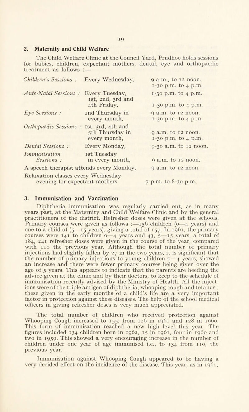 2. Maternity and Child Welfare The Child Welfare Clinic at the Council Yard, Prudhoe holds sessions for babies, children, expectant mothers, dental, eye and orthopaedic treatment as follows :— Children’s Sessions : Every Wednesday, Ante-Natal Sessions : Eye Sessions : Orthopaedic Sessions : Dental Sessions : Immunisation Sessions : Every Tuesday, ist, 2nd, 3rd and 4th Friday, 2nd Thursday in every month, ist, 3rd, 4th and 5th Thursday in every month, Every Monday, ist Tuesday in every month. A speech therapist attends every Monday, Relaxation classes every Wednesday evening for expectant mothers 9 a.m., to 12 noon. I -30 p.m. to 4 p.m. I -30 p.m. to 4 p.m. I -30 p.m. to 4 p.m. 9 a.m. to 12 noon. I -30 p.m. to 4 p.m. 9 a.m. to 12 noon. I -30 p.m. to 4 p.m. 9-30 a.m. to 12 noon. 9 a.m. to 12 noon. 9 a.m. to 12 noon. 7 p.m. to 8-30 p.m. 3. Immunisation and Vaccination Diphtheria immunisation was regularly carried out, as in many years past, at the Maternity and Child Welfare Clinic and by the general practitioners of the district. Refresher doses were given at the schools. Primary courses were given as follows :—156 children (o—4 years) and one to a child of (5—15 years), giving a total of 157. In 1961, the primary courses were 141 to children o—4 years and 43, 5—15 years, a total of 184, 241 refresher doses were given in the course of the year, compared with no the previous year. Although the total number of primary injections had slightly fallen by 27 in the two years, it is significant that the number of primary injections to young children o—4 years, showed an increase and there were fewer primary courses being given over the age of 5 years. This appears to indicate that the parents are heeding the advice given at the clinic and by their doctors, to keep to the schedule of immunisation recently advised by the Ministry of Health. All the inject¬ ions were of the triple antigen of diphtheria, whooping cough and tetanus ; these given in the early months of a child’s life are a very important factor in protection against these diseases. The help of the school medical officers in giving refresher doses is very much appreciated. The total number of children who received protection against Whooping Cough increased to 155, from 126 in 1961 and 128 in i960. This form of immunisation reached a new high level this year. The figures included 134 children born in 1962, 15 in 1961, four in i960 and two in 1959. This showed a very encouraging increase in the number of children under one year of age immunised i.e., to 134 from no, the previous year. Immunisation against Whooping Cough appeared to be having a very decided effect on the incidence of the disease. This year, as in i960,