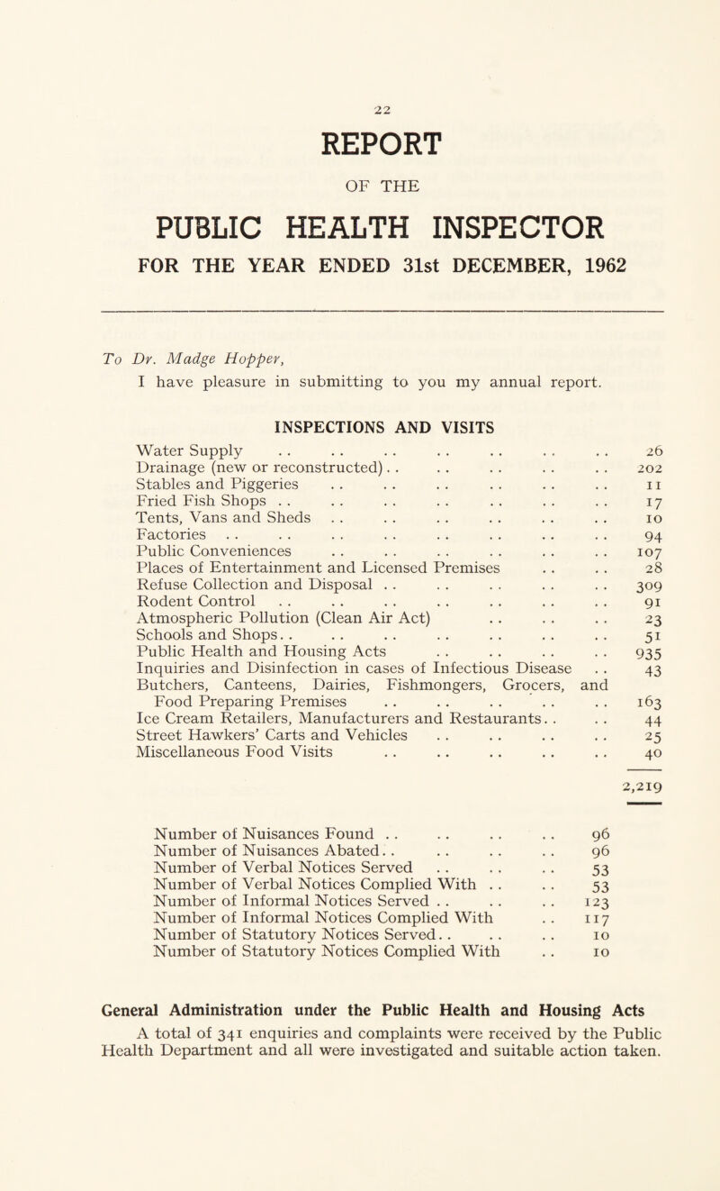 REPORT OF THE PUBLIC HEALTH INSPECTOR FOR THE YEAR ENDED 31st DECEMBER, 1962 To Dr. Madge Hopper, I have pleasure in submitting to you my annual report. INSPECTIONS AND VISITS Water Supply . . . . . . . . . . . . . . 26 Drainage (new or reconstructed). . . . . . . . . . 202 Stables and Piggeries . . . . . . . . . . . . 11 Fried Fish Shops . . . . . . . . . . . . . . 17 Tents, Vans and Sheds . . . . . . . . . . . . 10 Factories . . . . . . . . . . . . . . . . 94 Public Conveniences .. .. .. .. .. 107 Places of Entertainment and Licensed Premises . . . . 28 Refuse Collection and Disposal . . . . . . . . . . 309 Rodent Control . . . . . . . . , . . . . . 91 Atmospheric Pollution (Clean Air Act) . . . . . . 23 Schools and Shops. . . . . . . . . . . . . . 51 Public Health and Housing Acts . . . . . . . . 935 Inquiries and Disinfection in cases of Infectious Disease . . 43 Butchers, Canteens, Dairies, Fishmongers, Grocers, and Food Preparing Premises . . . . . . . . . . 163 Ice Cream Retailers, Manufacturers and Restaurants. . . . 44 Street Hawkers’ Carts and Vehicles . . . . . . . . 25 Miscellaneous Food Visits . . .. .. .. . , 40 2,219 Number of Nuisances Found . . . . .. . . 96 Number of Nuisances Abated. . . . .. . . 96 Number of Verbal Notices Served .. . . . . 53 Number of Verbal Notices Complied With . . . . 53 Number of Informal Notices Served . . . . . . 123 Number of Informal Notices Complied With . . 117 Number of Statutory Notices Served. . .. .. 10 Number of Statutory Notices Complied With .. 10 General Administration under the Public Health and Housing Acts A total of 341 enquiries and complaints were received by the Public Health Department and all were investigated and suitable action taken.
