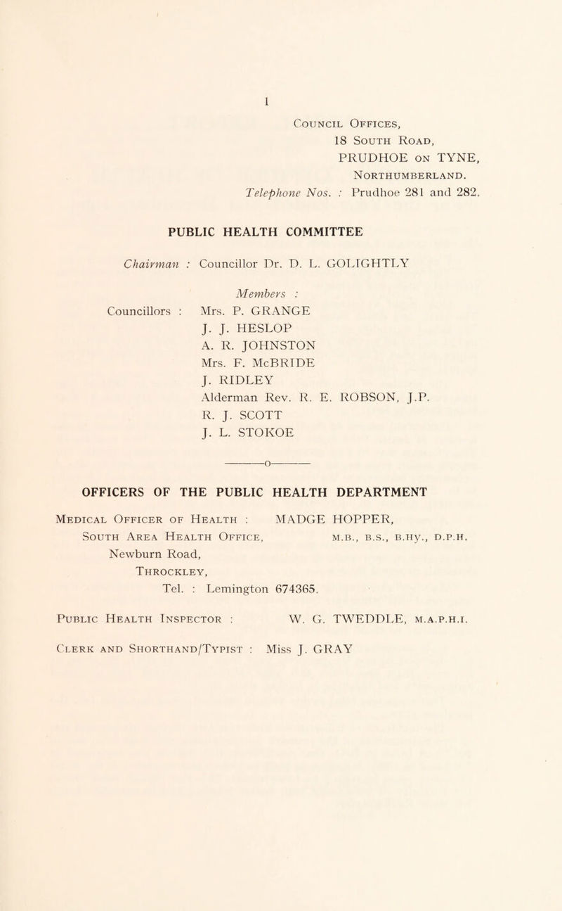 Council Offices, 18 South Road, PRUDHOE ON TYNE, Northumberland. Telephone Nos. : Prudhoe 281 and 282. PUBLIC HEALTH COMMITTEE Chairman : Councillor Dr. D. L. GOLIGHTI.Y Members : Councillors : Mrs. P. GRANGE J. J. HESLOP A. R. JOHNSTON Mrs. F. McBRIDE J. RIDLEY Alderman Rev. R. E. ROBSON, J.P. R. J. SCOTT J. L. STOKOE -o- OFFICERS OF THE PUBLIC HEALTH DEPARTMENT Medical Officer of Health : MADGE HOPPER, South Area Health Office, m.b., b.s., B.iiy., d.p.h, Newburn Road, Throckley, Tel. : Lemington 674365. Public Health Inspector : W. G. TWEDDLE, m.a.p.h.i. C'lerk and Shorthand/Typist : Miss J. GR.A.Y