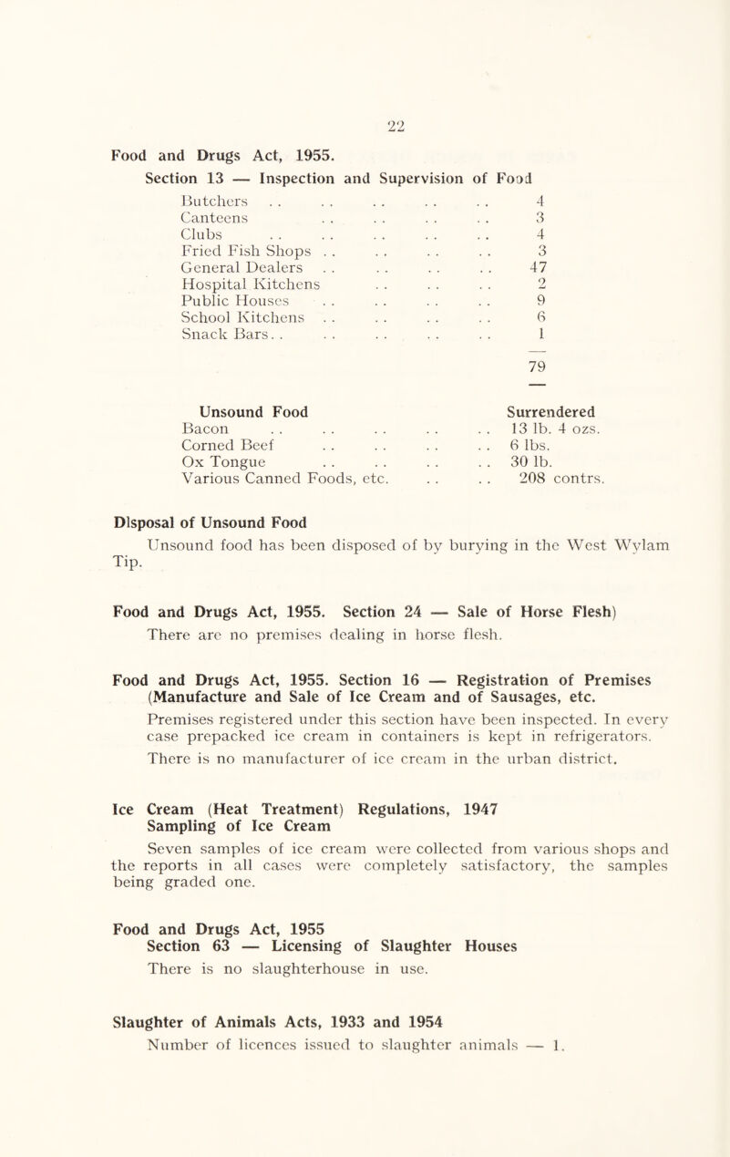 Food and Drugs Act, 1955. Section 13 — Inspection Butchers Canteens Clubs Fried Fish Shops . . General Dealers Hospital Kitchens Public Houses School Kitchens Snack Bars. . and Supervision of Food . 4 . 3 . 4 . 3 . 47 2 . 9 . 3 . . . . . . 1 79 Unsound Food Surrendered Bacon 13 lb. 4 ozs. Corned Beef . . 6 lbs. Ox Tongue . . 30 lb. Various Canned Foods, etc. 208 contrs Disposal of Unsound Food Unsound food has been disposed of by burying in the West Wylam Tip. Food and Drugs Act, 1955. Section 24 — Sale of Horse Flesh) There are no premises dealing in horse flesh. Food and Drugs Act, 1955. Section 16 — Registration of Premises (Manufacture and Sale of Ice Cream and of Sausages, etc. Premises registered under this section have been inspected. In every case prepacked ice cream in containers is kept in refrigerators. There is no manufacturer of ice cream in the urban district. Ice Cream (Heat Treatment) Regulations, 1947 Sampling of Ice Cream Seven samples of ice cream were collected from various shops and the reports in all cases were completely satisfactory, the samples being graded one. Food and Drugs Act, 1955 Section 63 — Licensing of Slaughter Houses There is no slaughterhouse in use. Slaughter of Animals Acts, 1933 and 1954