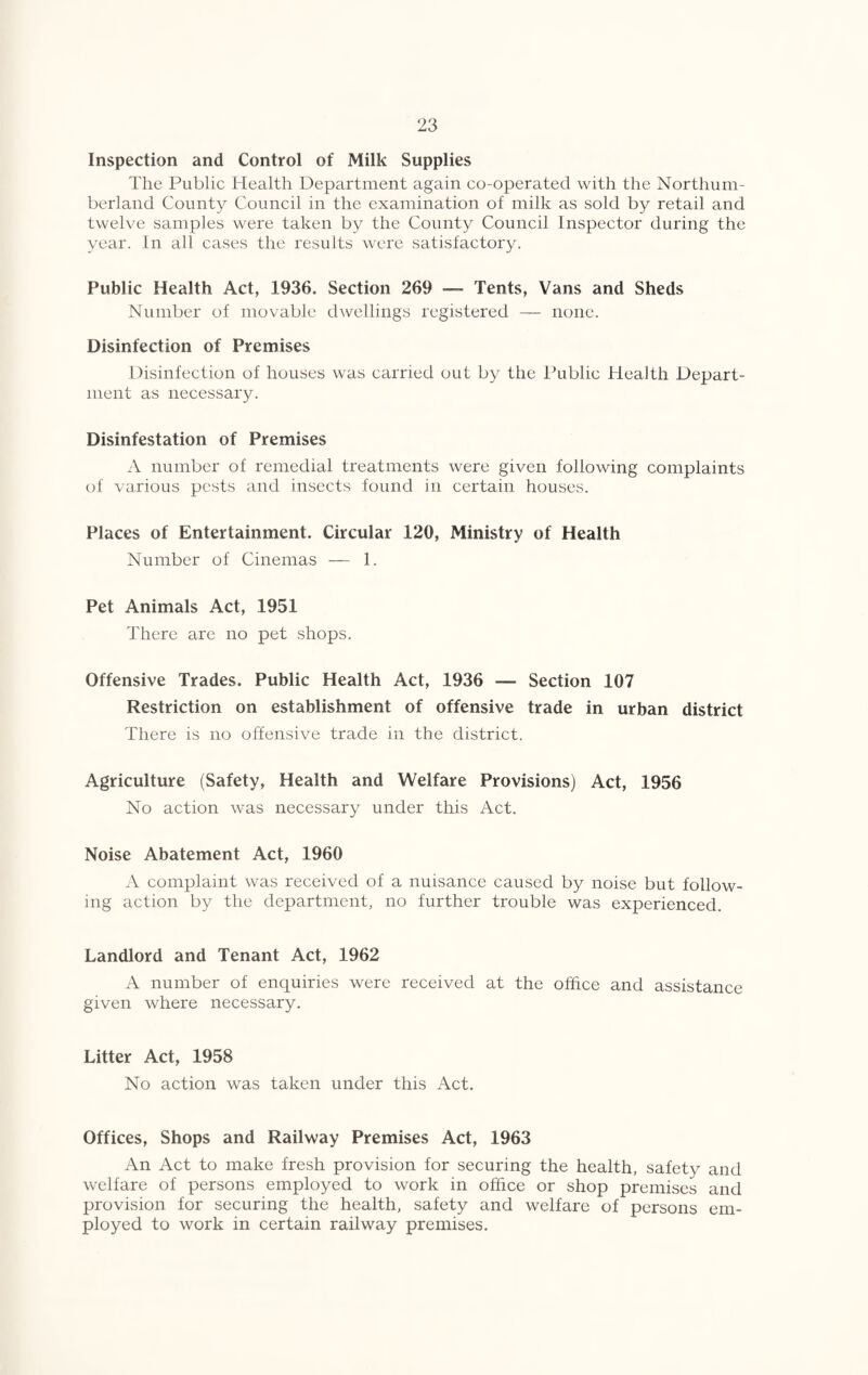 Inspection and Control of Milk Supplies The Public Health Department again co-operated with the Northum¬ berland County Council in the examination of milk as sold by retail and twelve samples were taken by the County Council Inspector during the year. In all cases the results were satisfactory. Public Health Act, 1936. Section 269 — Tents, Vans and Sheds Number of movable dwellings registered — none. Disinfection of Premises Disinfection of houses was carried out by the ihtblic Health Depart¬ ment as necessary. Disinfestation of Premises A number of remedial treatments were given following complaints of various pests and insects found in certain houses. Places of Entertainment. Circular 120, Ministry of Health Number of Cinemas — 1. Pet Animals Act, 1951 There are no pet shops. Offensive Trades. Public Health Act, 1936 — Section 107 Restriction on establishment of offensive trade in urban district There is no offensive trade in the district. Agriculture (Safety, Health and Welfare Provisions) Act, 1956 No action was necessary under this Act. Noise Abatement Act, 1960 A complaint was received of a nuisance caused by noise but follow¬ ing action by the department, no further trouble was experienced. Landlord and Tenant Act, 1962 A number of enquiries were received at the office and assistance given where necessary. Litter Act, 1958 No action was taken under this Act. Offices, Shops and Railway Premises Act, 1963 An Act to make fresh provision for securing the health, safety and welfare of persons employed to work in office or shop premises and provision for securing the health, safety and welfare of persons em¬ ployed to work in certain railway premises.